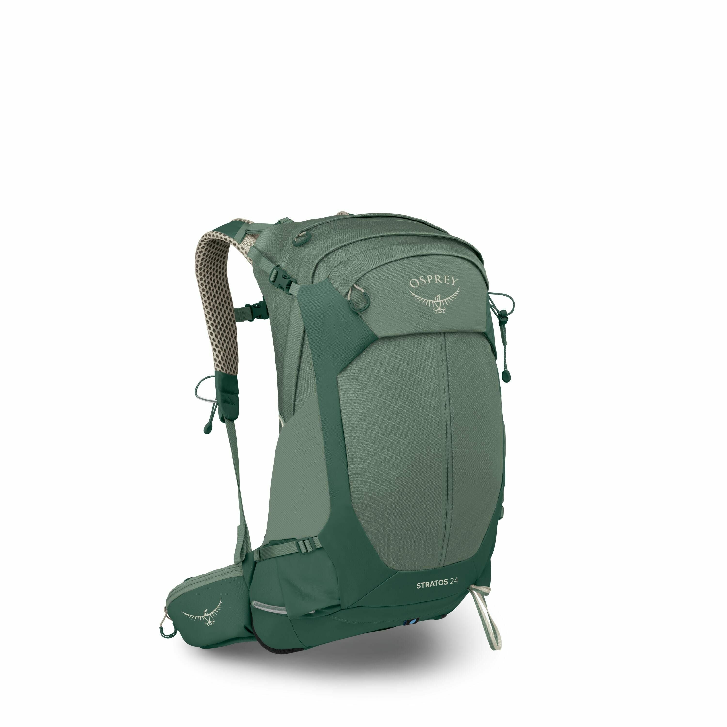 The image showcases a green Osprey Stratos 24 backpack, a hiking backpack designed with multiple compartments and adjustable straps for comfort and functionality. The bag features Osprey's logo at the top and on the side pocket, with the text "STRATOS 24"