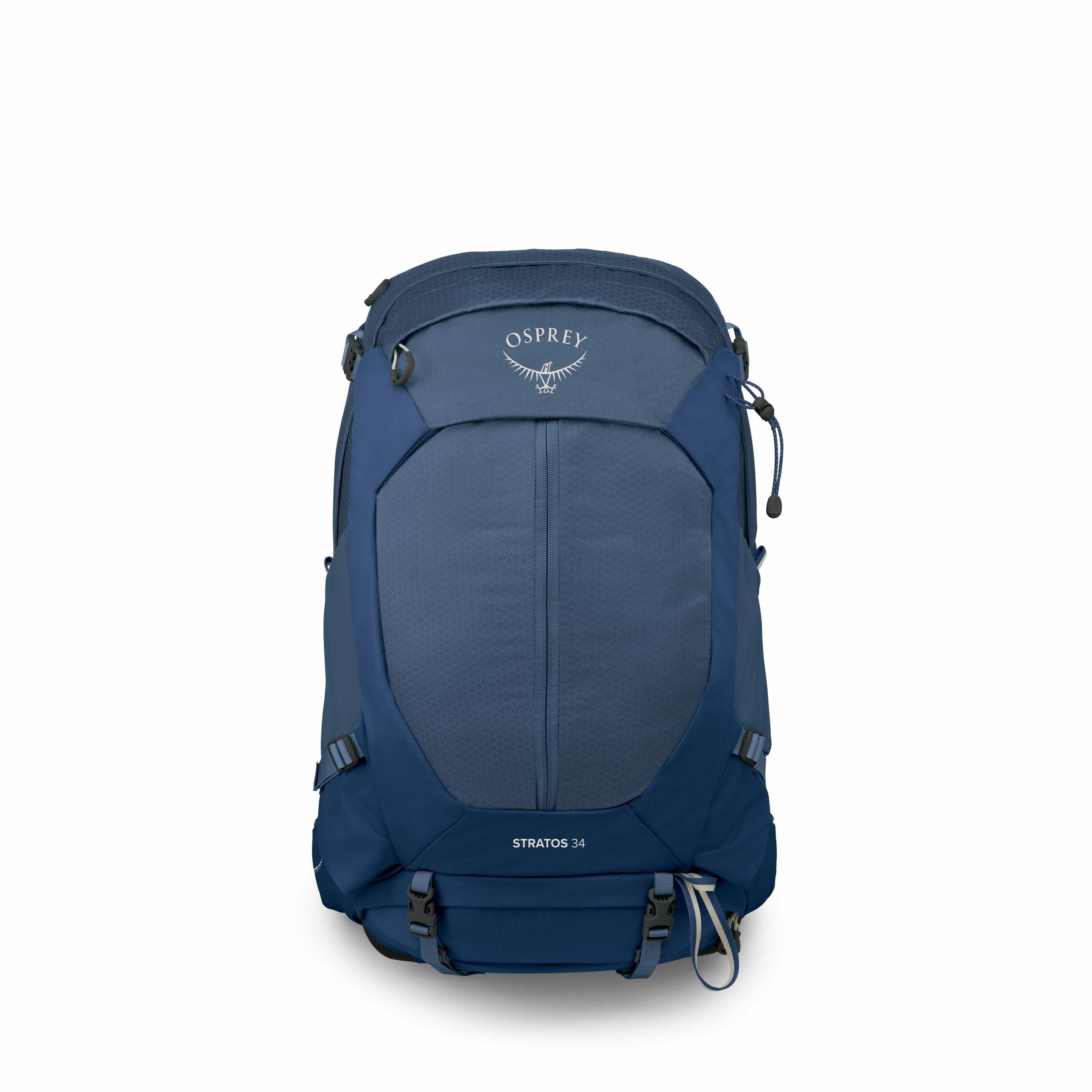 The image showcases a blue Osprey Stratos 34 backpack, viewed from the front. The backpack features a sleek, modern design with a structured shape and several compartments. Prominently displayed is the Osprey logo at the top, with a stylized bird icon. Th