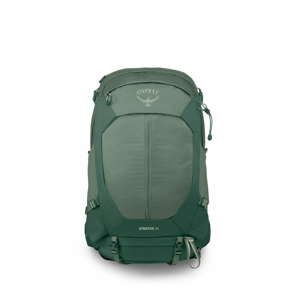 The image displays an Osprey Stratos 34 backpack. The backpack is a solid green color with a slightly lighter shade on the front panel. The brand name "Osprey" is prominently displayed on the top flap, accompanied by a small emblem resembling a bird. The