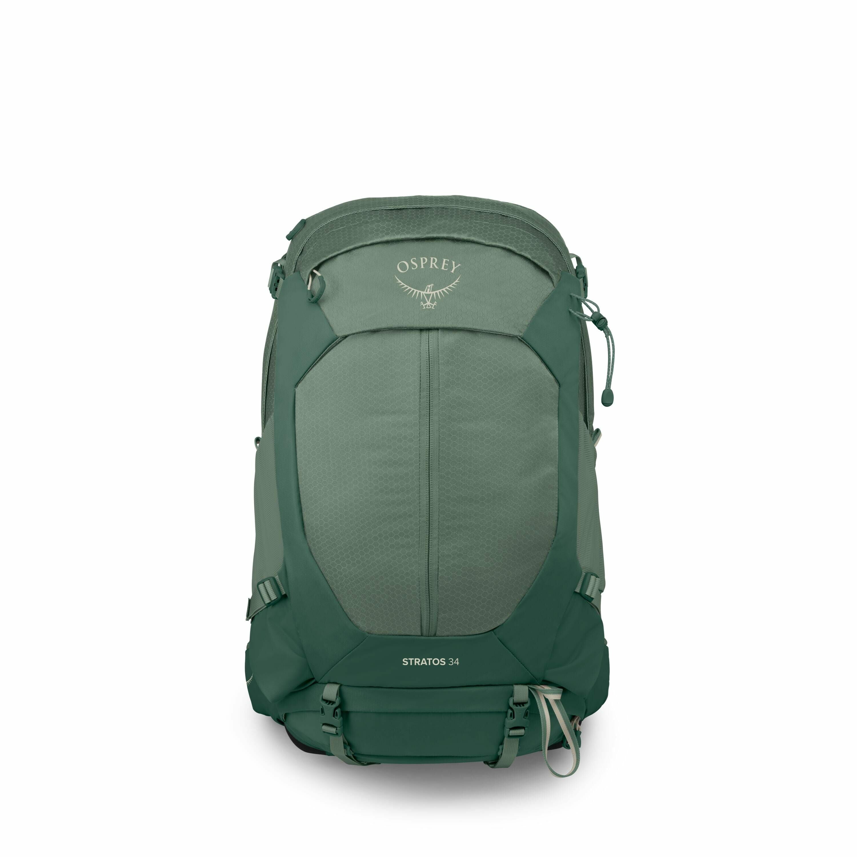 The image displays an Osprey Stratos 34 backpack. The backpack is a solid green color with a slightly lighter shade on the front panel. The brand name "Osprey" is prominently displayed on the top flap, accompanied by a small emblem resembling a bird. The