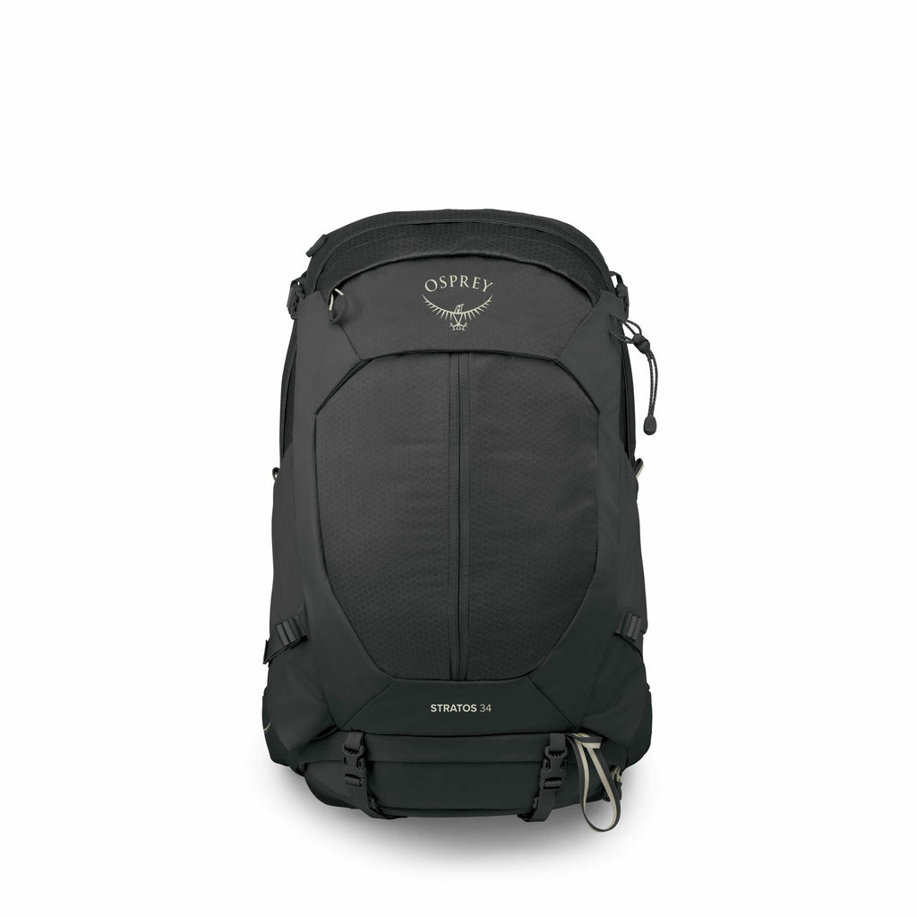 The image showcases a black Osprey backpack named "Stratos 34." The first two images display the backpack in a complete form, highlighting its streamlined, sturdy design, suitable for outdoor activities. The following images progressively show the backpac