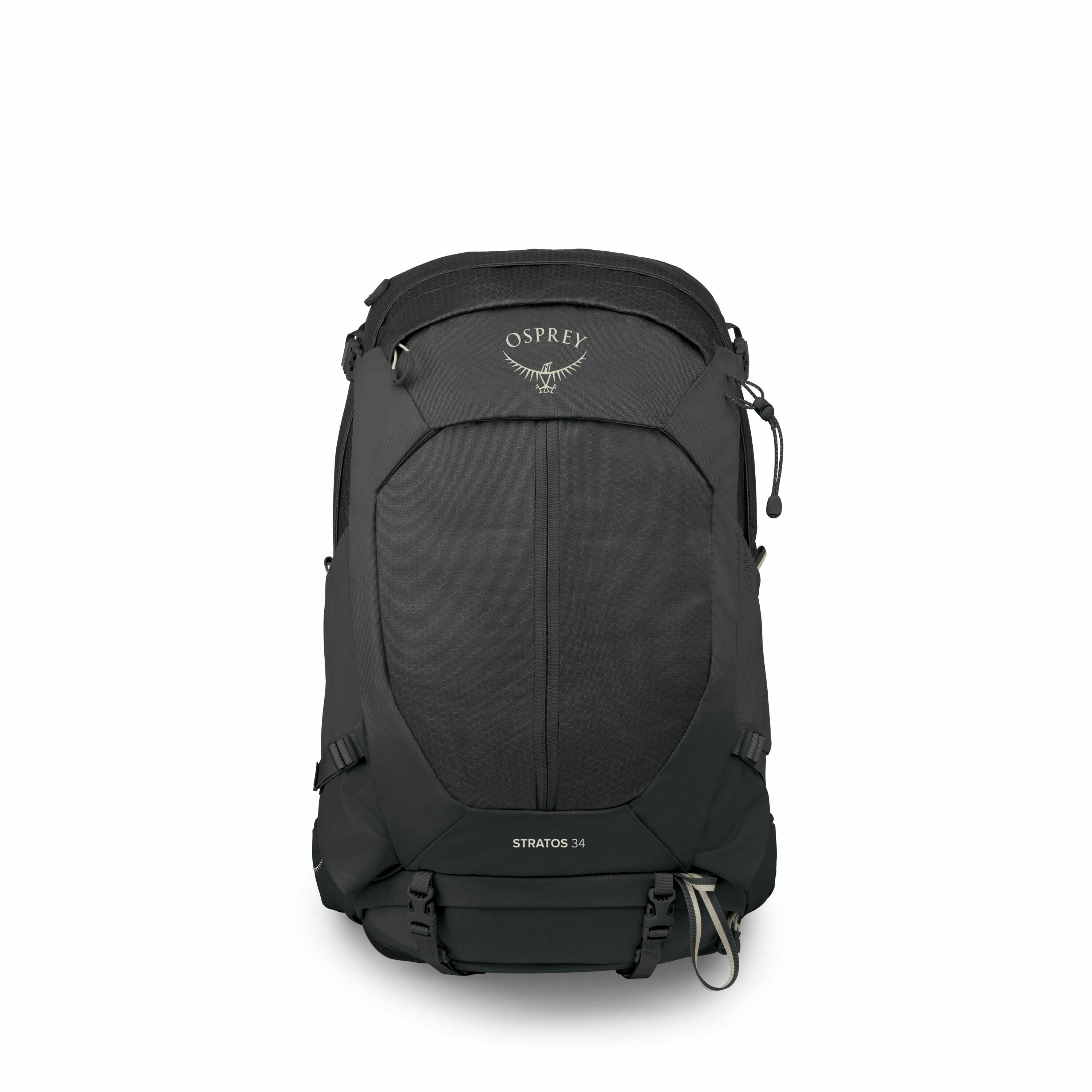 The image showcases a black Osprey backpack named "Stratos 34." The first two images display the backpack in a complete form, highlighting its streamlined, sturdy design, suitable for outdoor activities. The following images progressively show the backpac