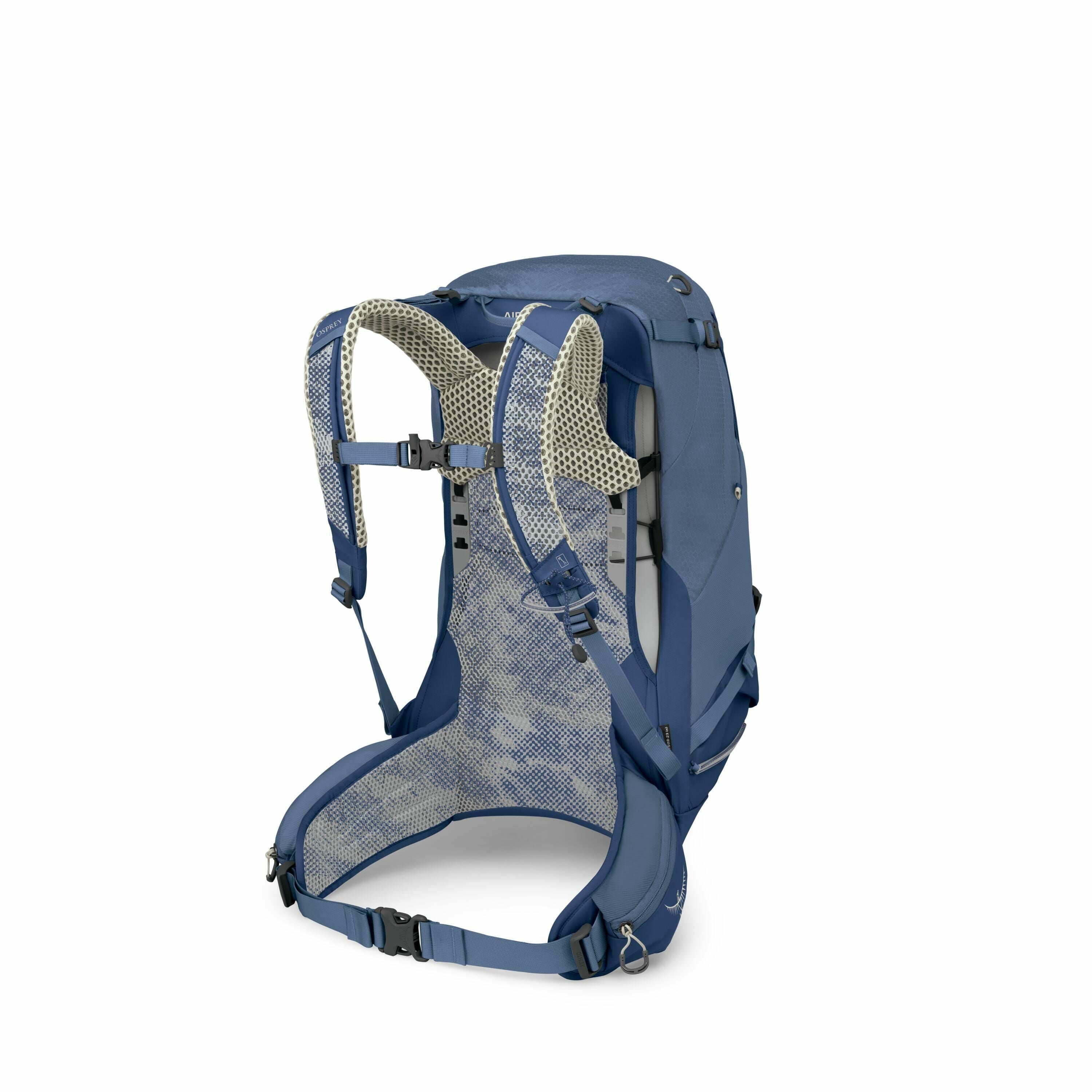 The image displays a blue backpack with a sophisticated harness system, designed for outdoor activities like hiking or trekking. The back of the backpack is open to show its adjustable, padded shoulder straps and a breathable mesh panel that enhances comf