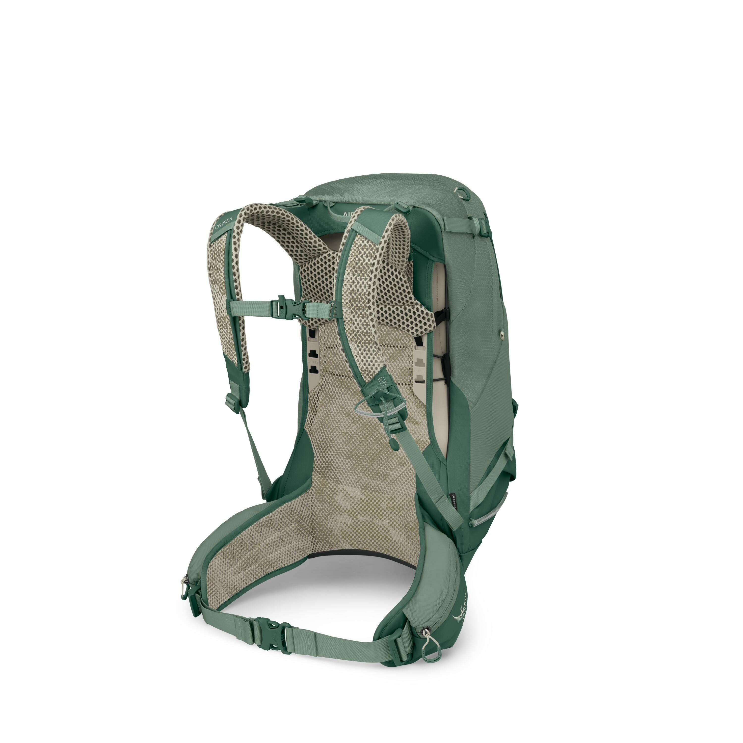 The image showcases a green backpack with an intricate airspeed suspension system designed for enhanced comfort and breathability. The backpack features padded shoulder straps, a mesh back panel, and a hip belt, all designed to distribute weight evenly an