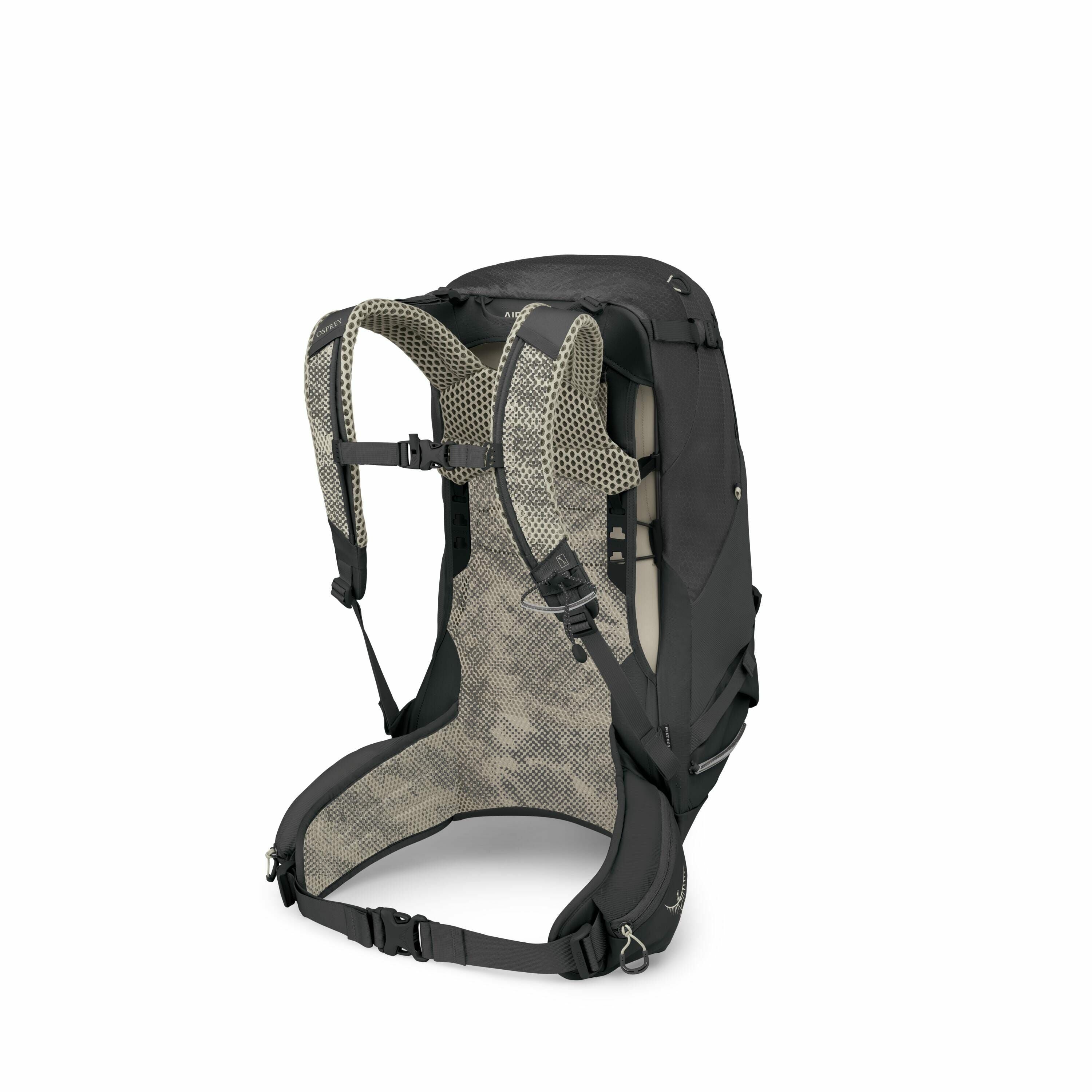 The image features a sleek, black backpack designed for hiking or outdoor activities. It has a mesh back panel for ventilation, as well as padded shoulder straps for added comfort. There is a sternum strap with an adjustable buckle, and a padded hip belt
