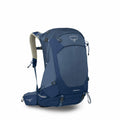 The image features a blue Osprey Stratos 34 backpack, designed for hiking or outdoor activities. It showcases a sleek and modern design with multiple compartments, including a visible front pocket and zippered hip belt pockets. The backpack includes ergon