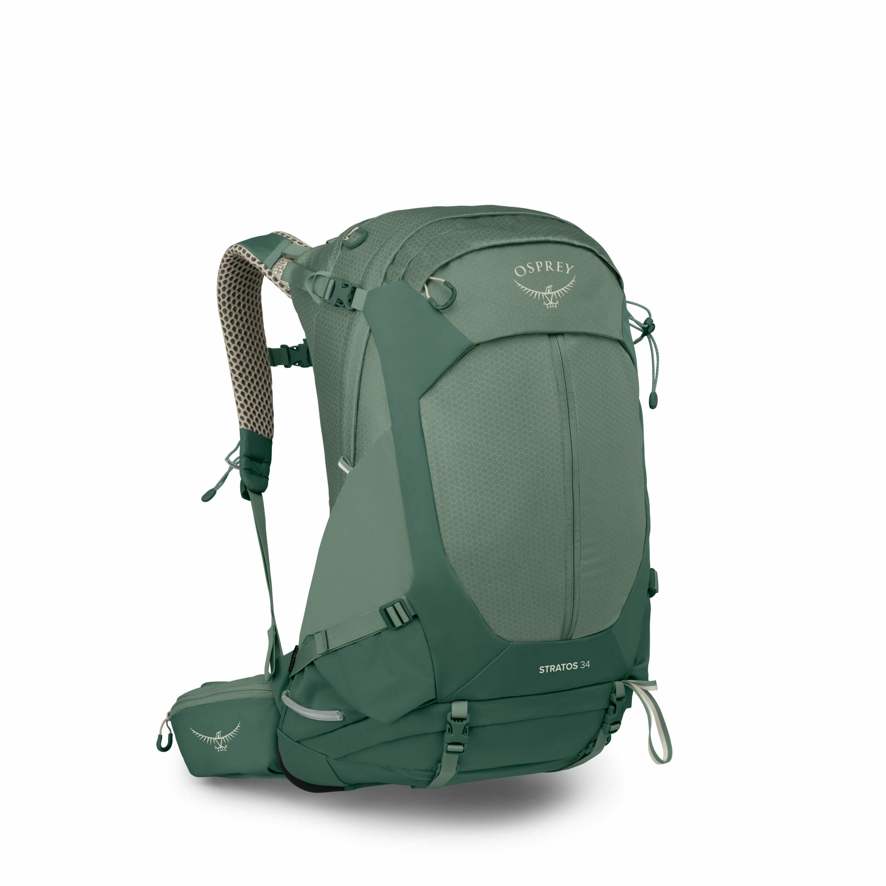 The image displays a green Osprey backpack, specifically the Stratos 34 model. It has a sleek and structured design with various compartments and straps for adjustments and attachments, making it suitable for outdoor activities and hiking. The backpack fe