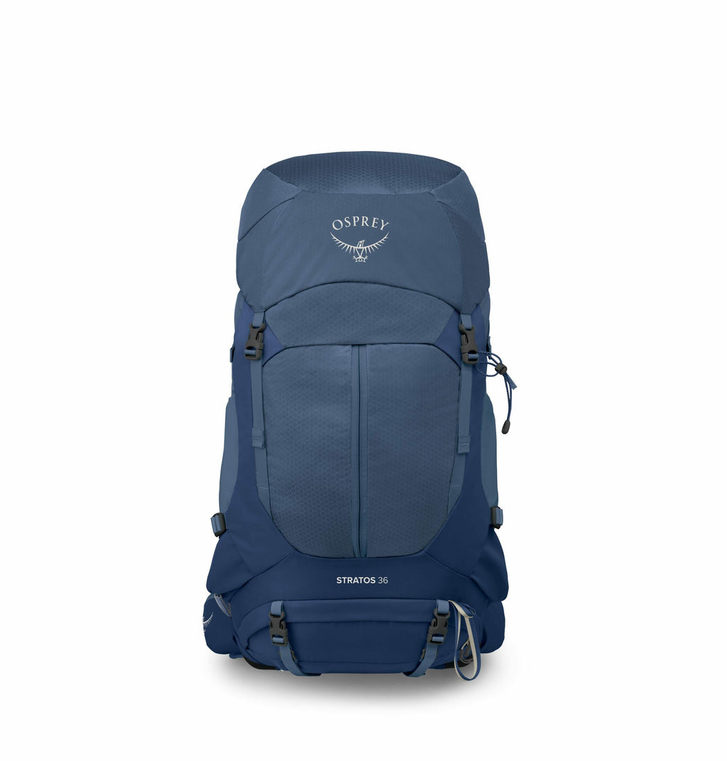 The image showcases a blue Osprey Stratos 36 backpack, prominently featuring the Osprey logo at the top of the bag. The backpack is designed for hiking or outdoor use, and it has a streamlined, ergonomic appearance with multiple compartments for storage.