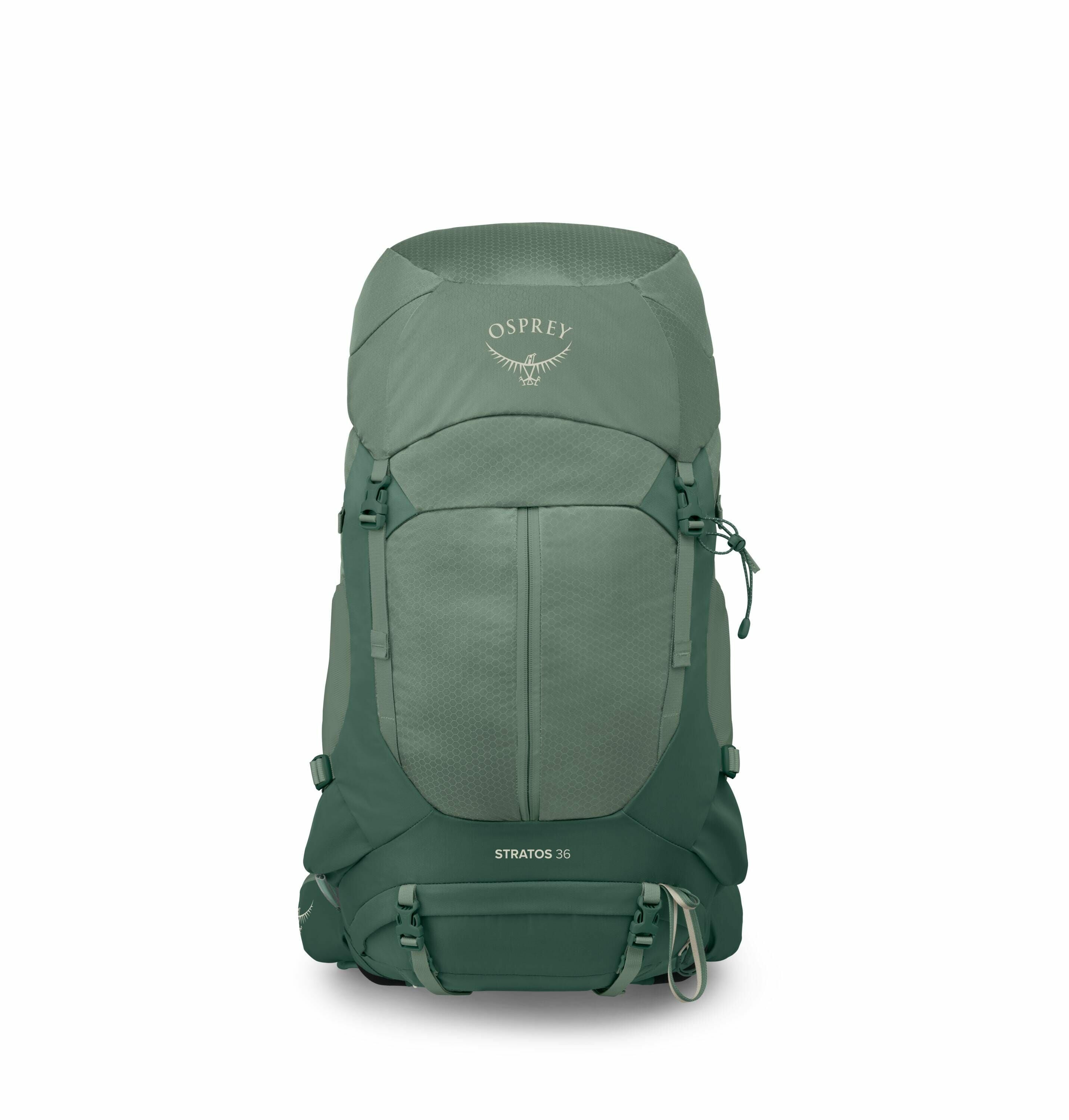 The image series showcases an Osprey Stratos 36 backpack in a shade of green. In the first image, the backpack is displayed upright, showing its front design and branding with the Osprey logo on the top and "Stratos 36" at the bottom. The subsequent image