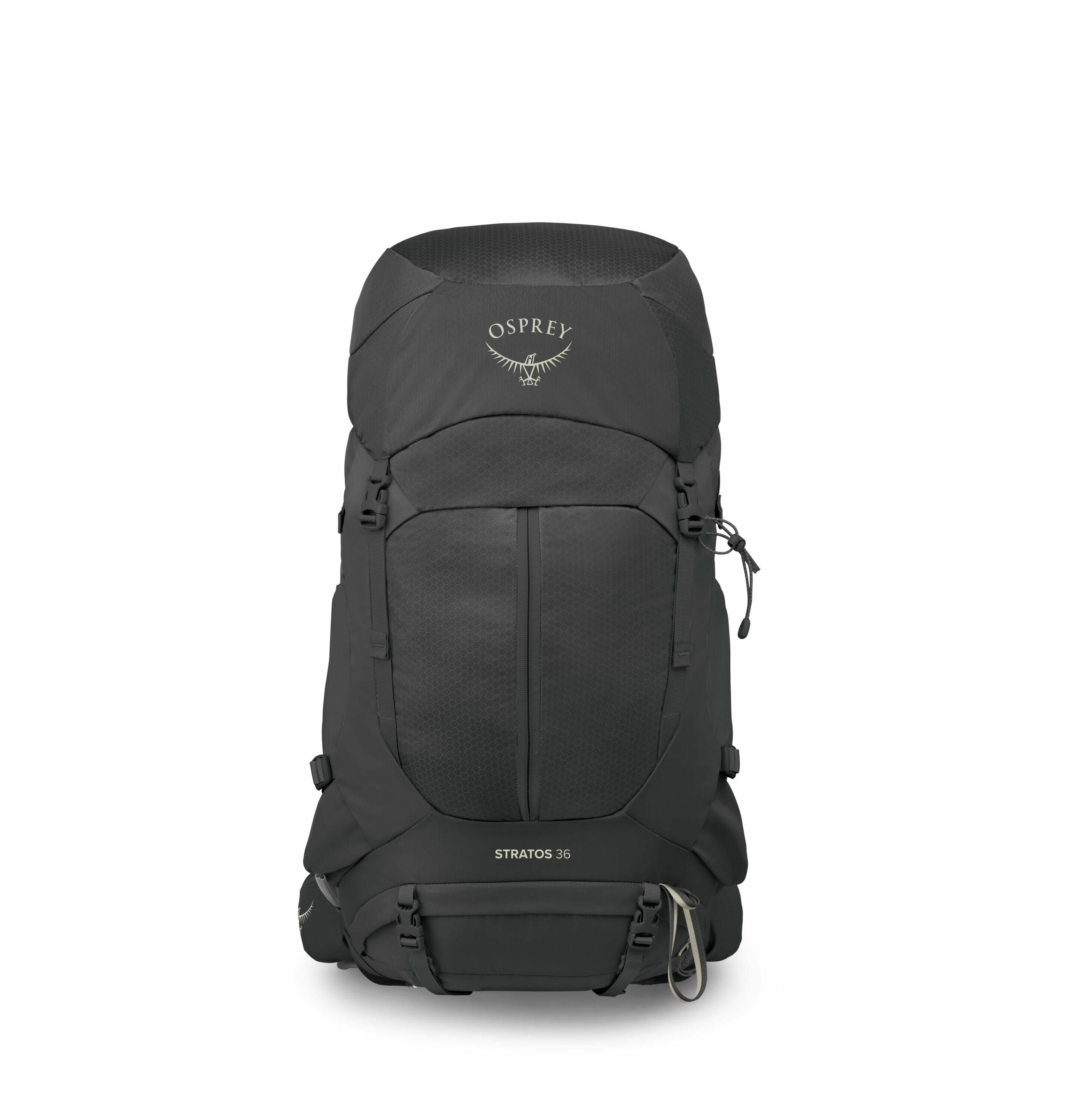 The image showcases a dark grey Osprey Stratos 36 backpack, designed for hiking or trekking. The backpack prominently features the Osprey logo, a stylized bird, on the upper front portion. The design is sleek and functional with multiple compartments and