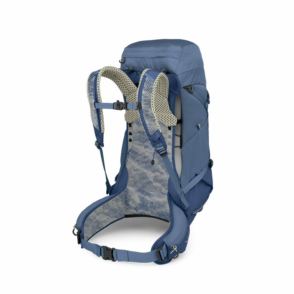 The image features a detailed view of a blue hiking backpack, showcasing its ergonomic design from the rear. The backpack has padded, adjustable shoulder straps and a mesh back panel for breathability, which suggests it's designed for comfort during long