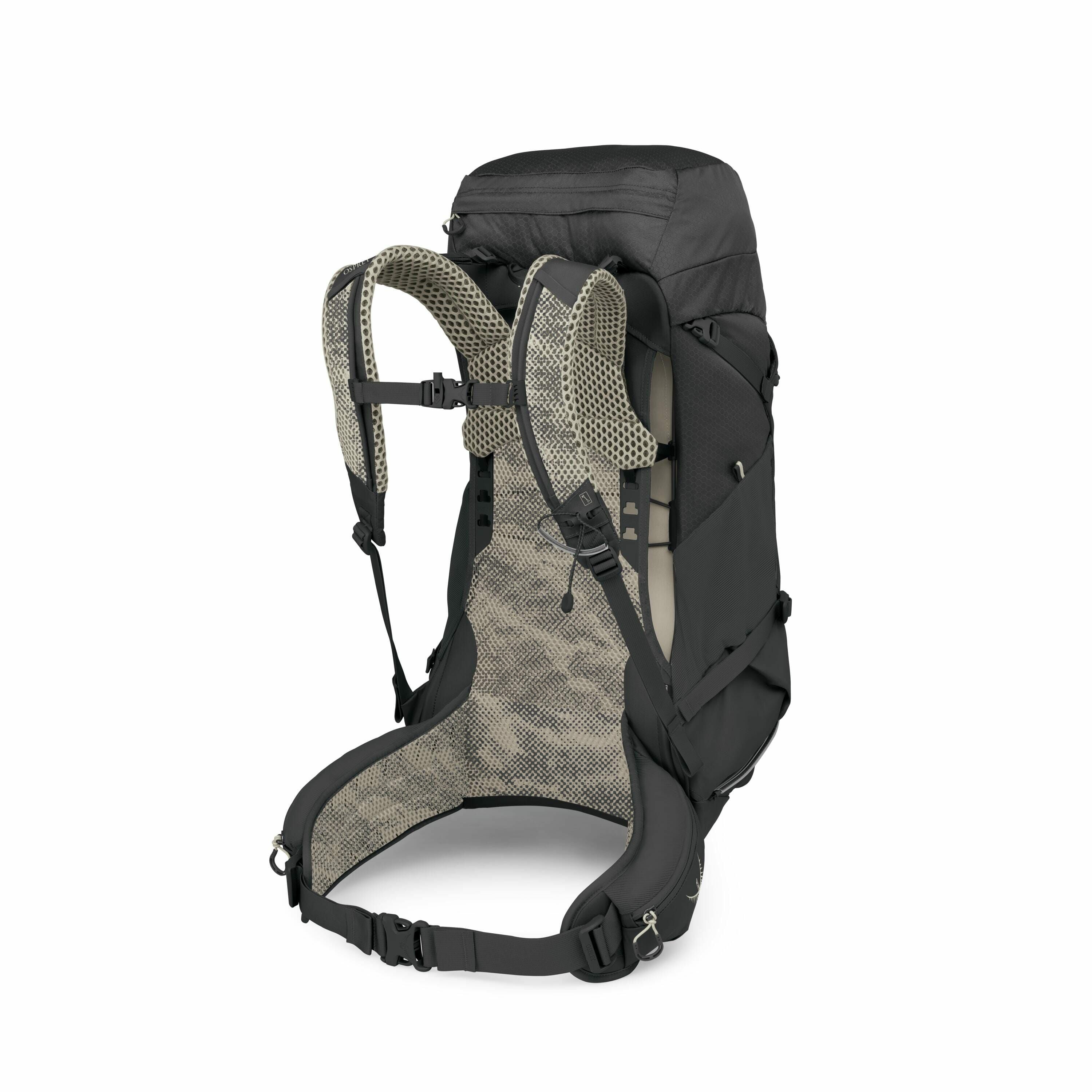 The image depicts a black backpack designed for outdoor activities, such as hiking or trekking. The backpack features an ergonomic design with padded shoulder straps and a mesh back panel for improved airflow and comfort. A waist belt is visible, equipped