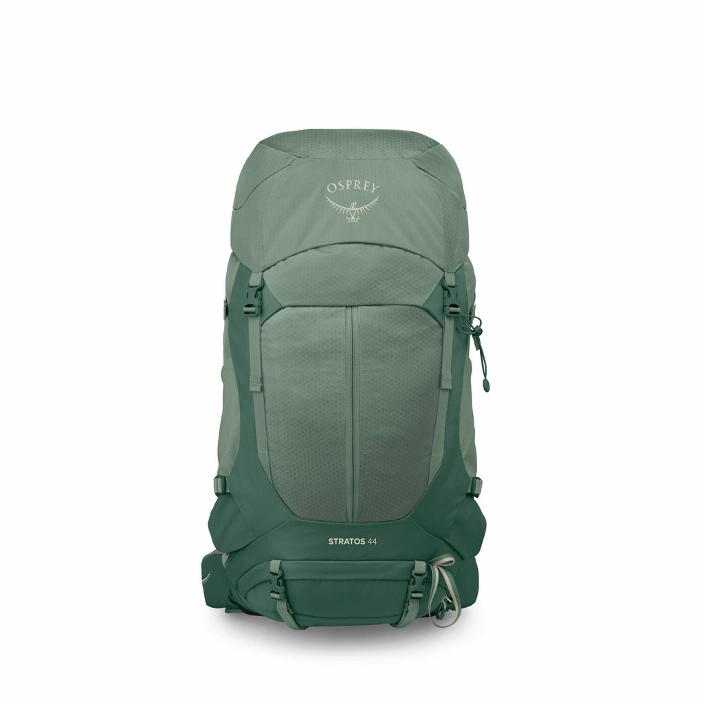 The images depict a green backpack from various angles and states of assembly. The backpack is identified as the Osprey Stratos 44, as indicated by the logo and model name printed on it. The first two images showcase the backpack fully assembled, with the