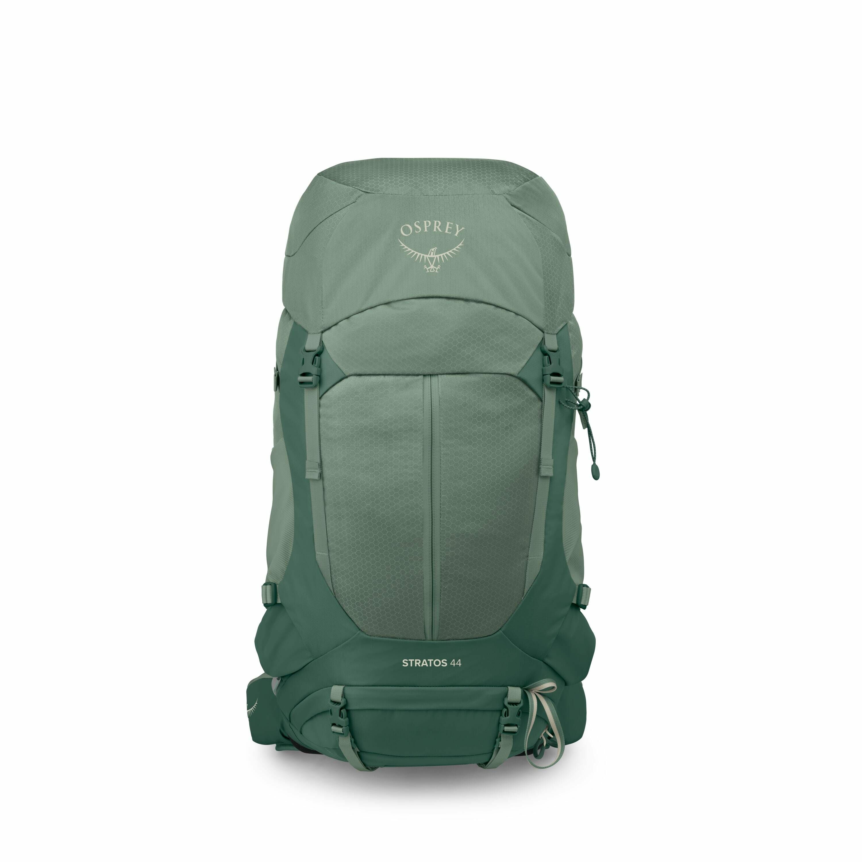 The images depict a green backpack from various angles and states of assembly. The backpack is identified as the Osprey Stratos 44, as indicated by the logo and model name printed on it. The first two images showcase the backpack fully assembled, with the