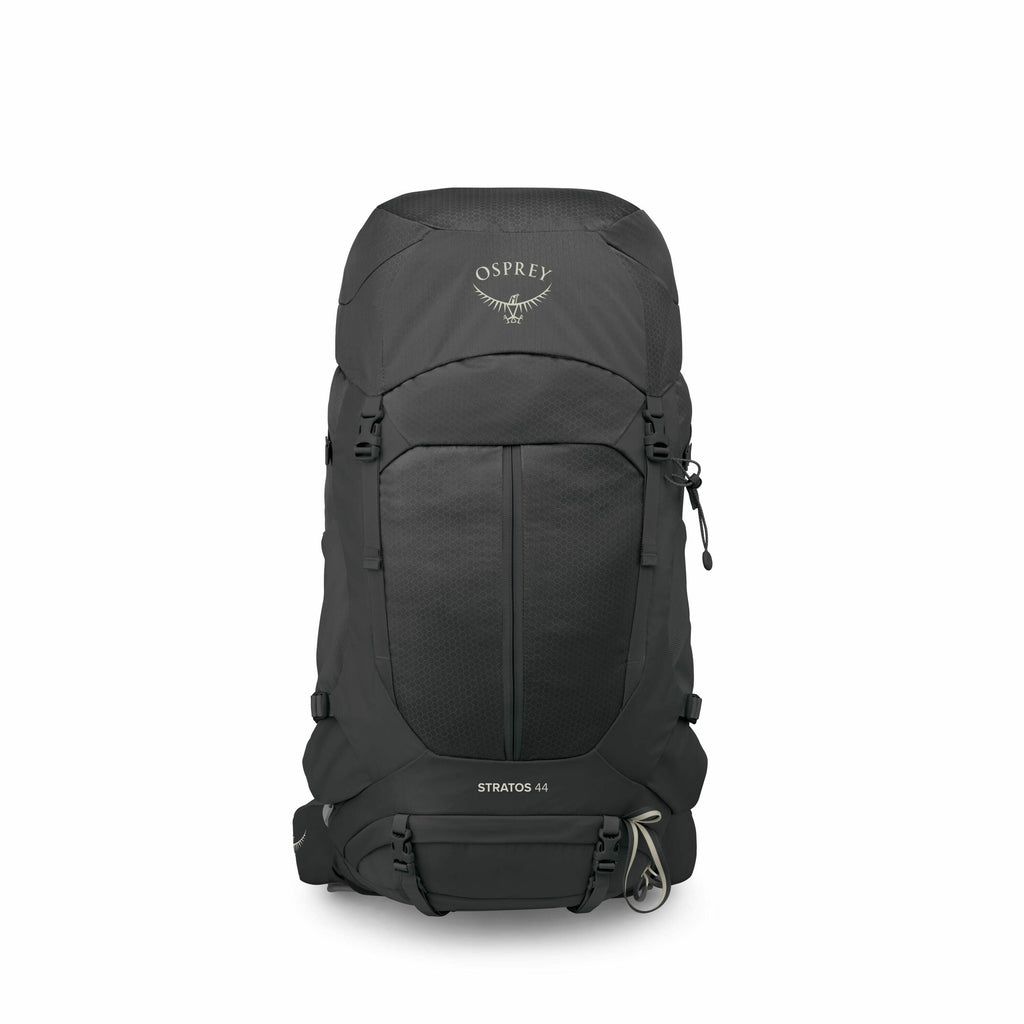 The image shows a black Osprey Stratos 44 backpack. The backpack has a sleek, minimalist design with a large central compartment and several adjustable straps. The Osprey logo is prominently displayed at the top, with the words "Stratos 44" towards the bo