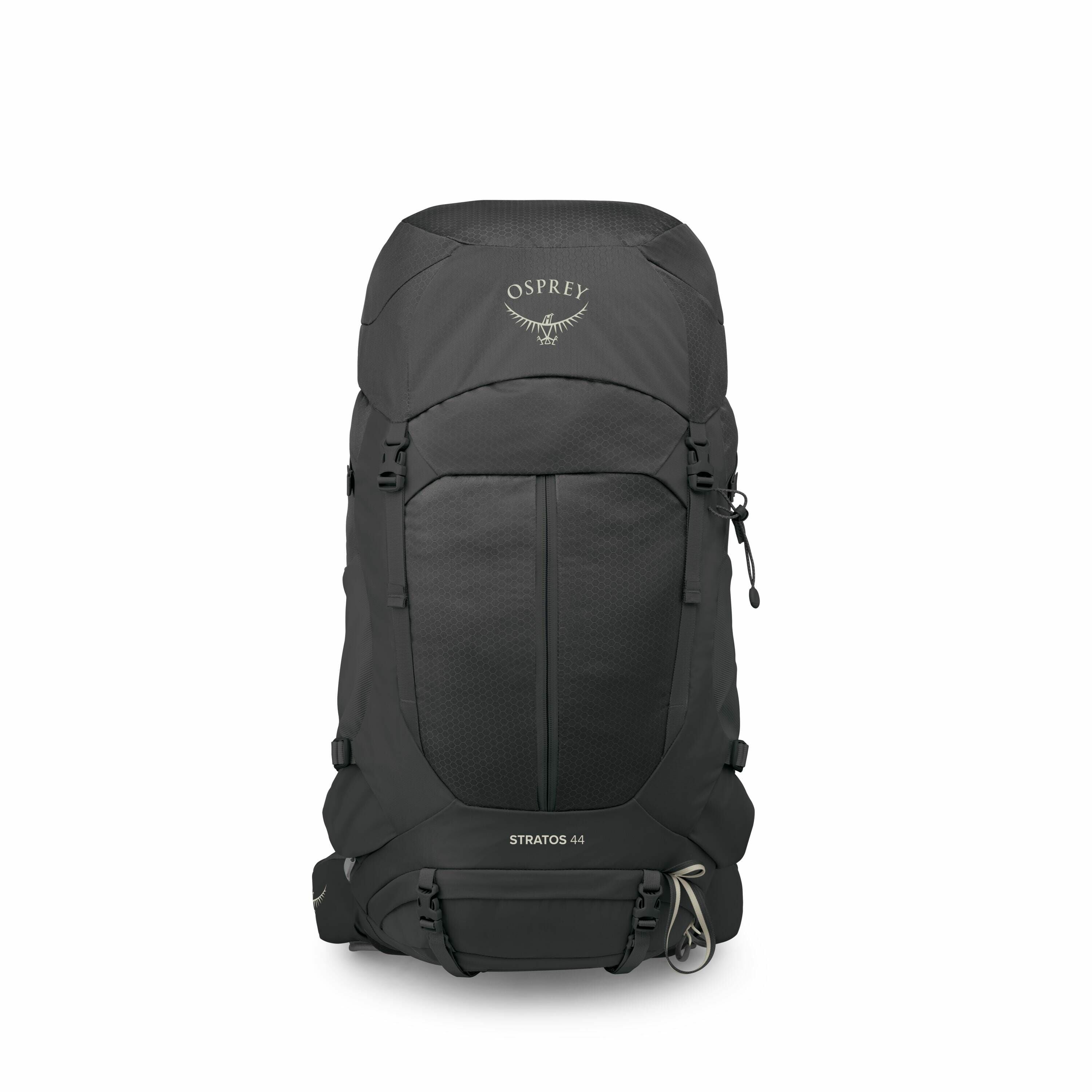 The image shows a black Osprey Stratos 44 backpack. The backpack has a sleek, minimalist design with a large central compartment and several adjustable straps. The Osprey logo is prominently displayed at the top, with the words "Stratos 44" towards the bo
