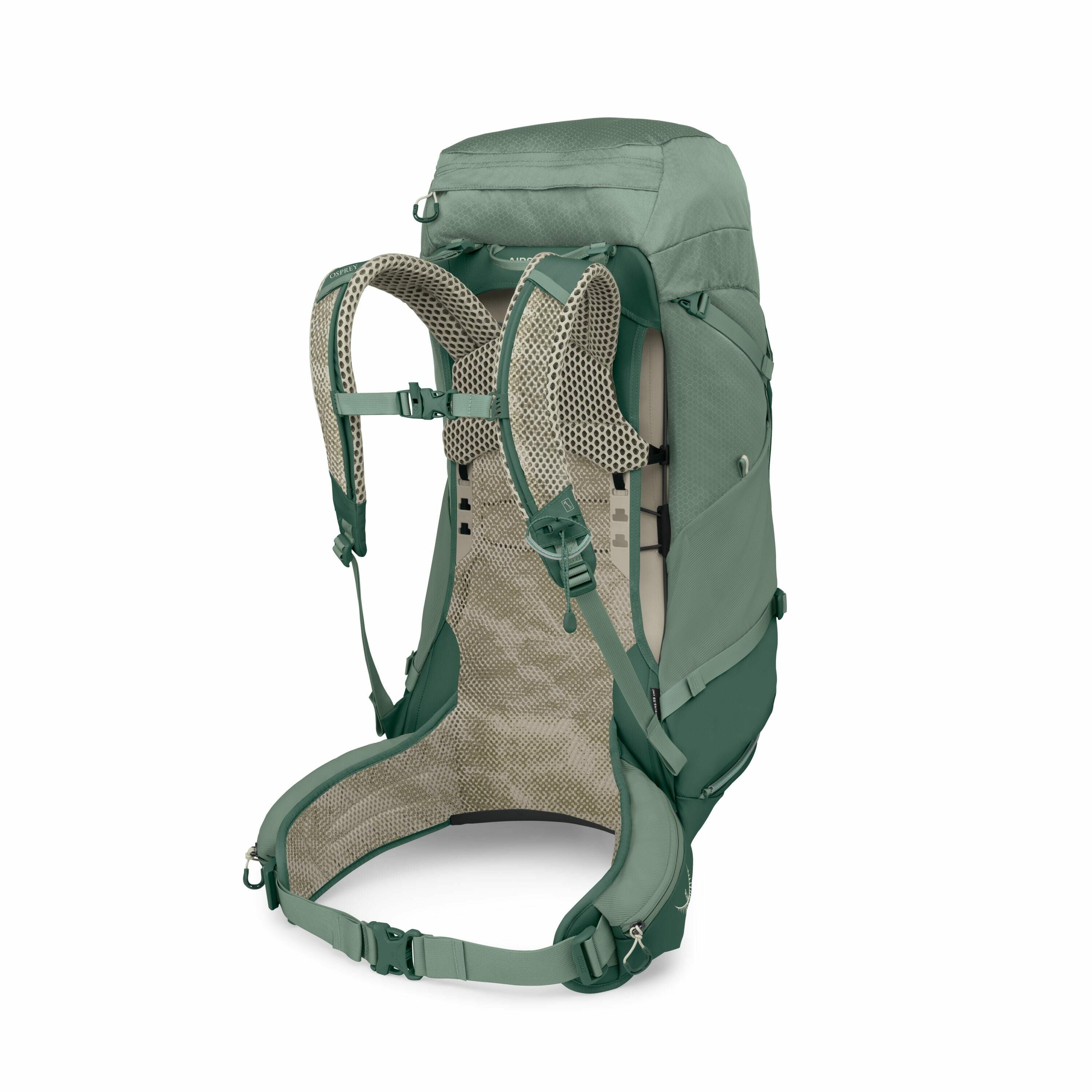 The image showcases a detailed view of a hiking backpack from Osprey, emphasizing its back panel and suspension system. The backpack is predominantly green with lighter green mesh on the shoulder straps and back support area, designed to provide ventilati