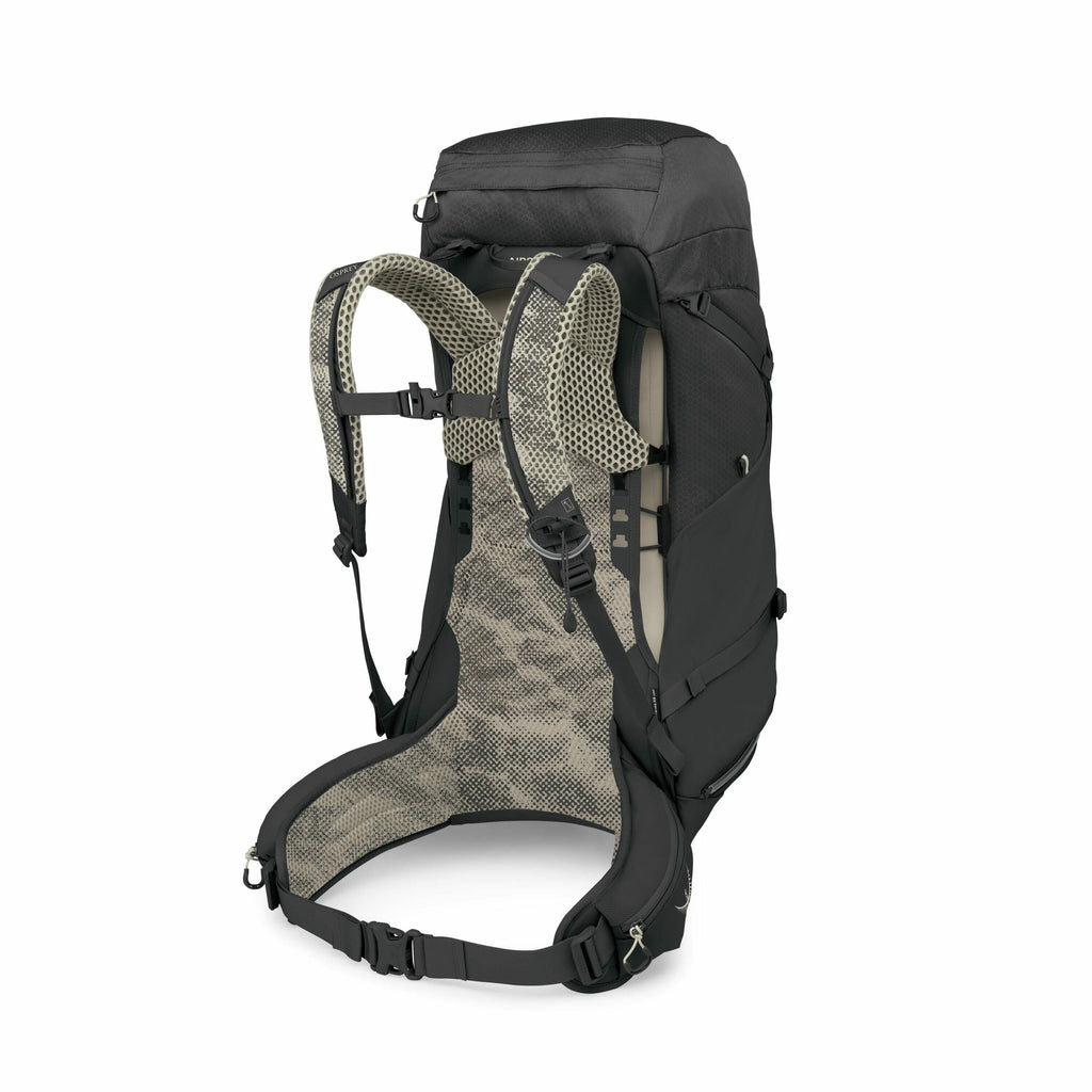 The image displays a detailed view of a hiking backpack in several stages of disassembly, showcasing its components and build. The first image shows the fully assembled backpack with a black exterior, ergonomic design, and mesh padded areas for comfort. S