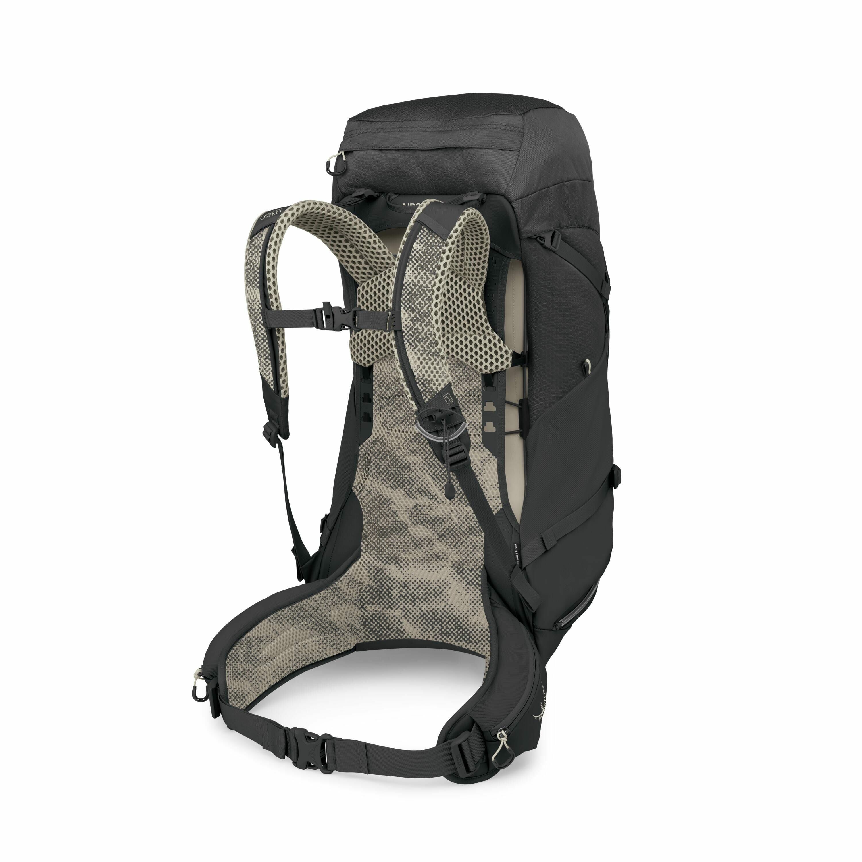 The image displays a detailed view of a hiking backpack in several stages of disassembly, showcasing its components and build. The first image shows the fully assembled backpack with a black exterior, ergonomic design, and mesh padded areas for comfort. S