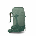 The image displays an Osprey Stratos 44 hiking backpack in a green color. The backpack features a sleek design with multiple adjustable straps, mesh padding on the shoulder straps, and a spacious top-loading main compartment. There are buckles and straps