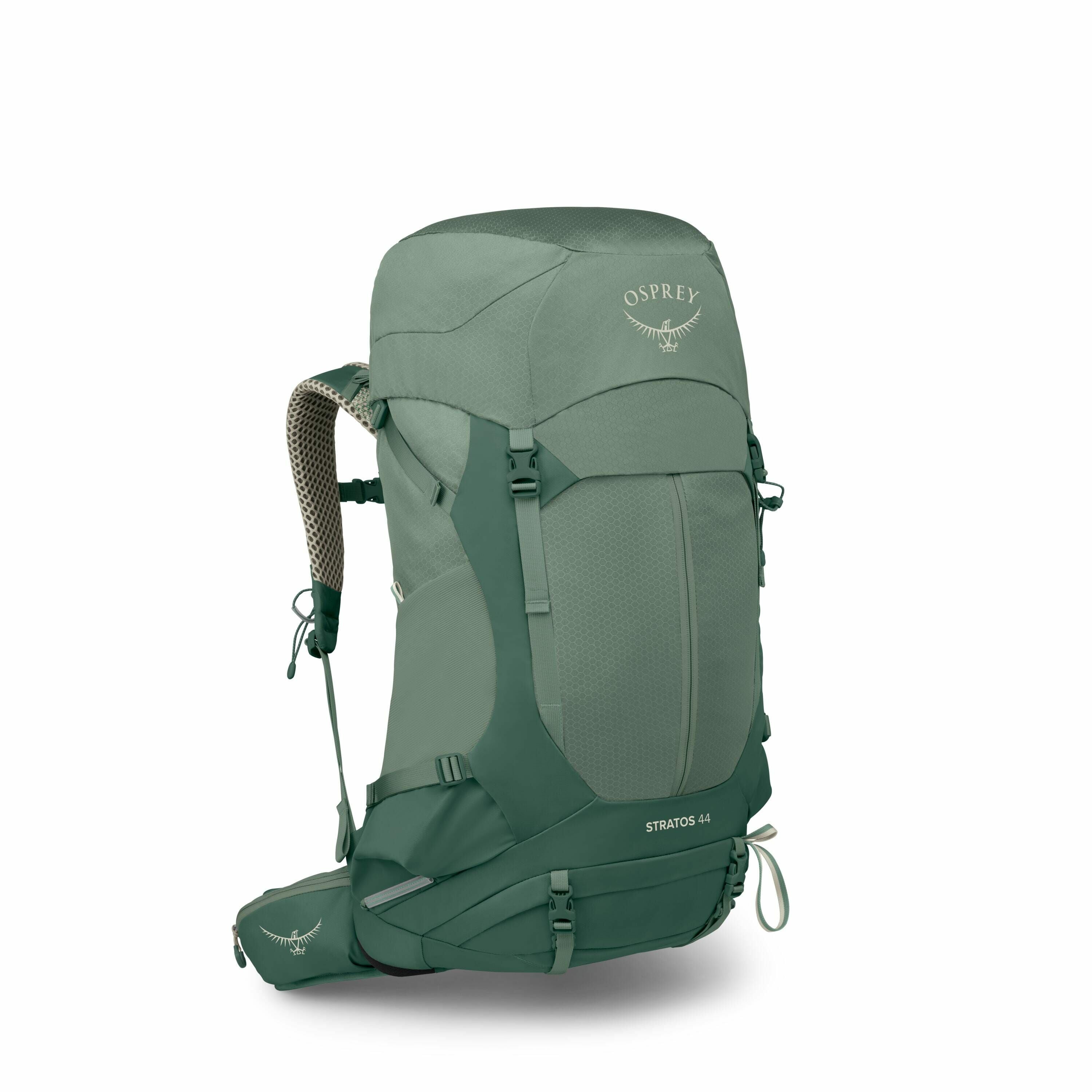The image displays an Osprey Stratos 44 hiking backpack in a green color. The backpack features a sleek design with multiple adjustable straps, mesh padding on the shoulder straps, and a spacious top-loading main compartment. There are buckles and straps