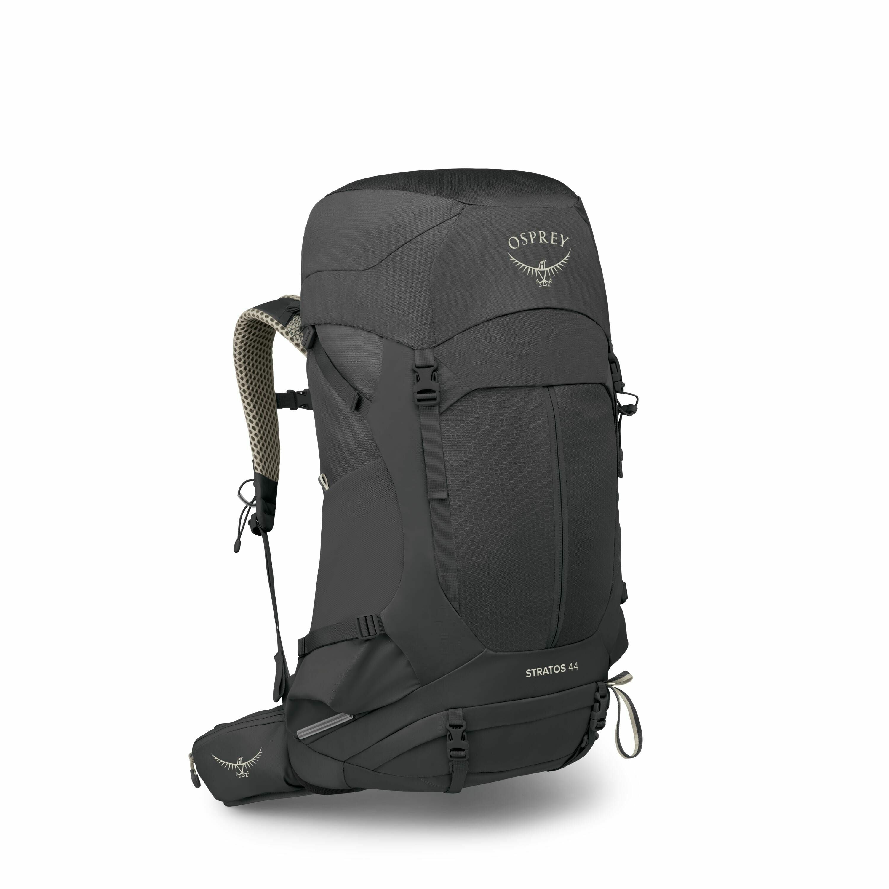 The image features an Osprey Stratos 44 backpack, designed for outdoor activities like hiking and camping. The backpack is black with the Osprey logo prominently displayed on the top flap. It has multiple adjustable straps for securing gear and ensuring a