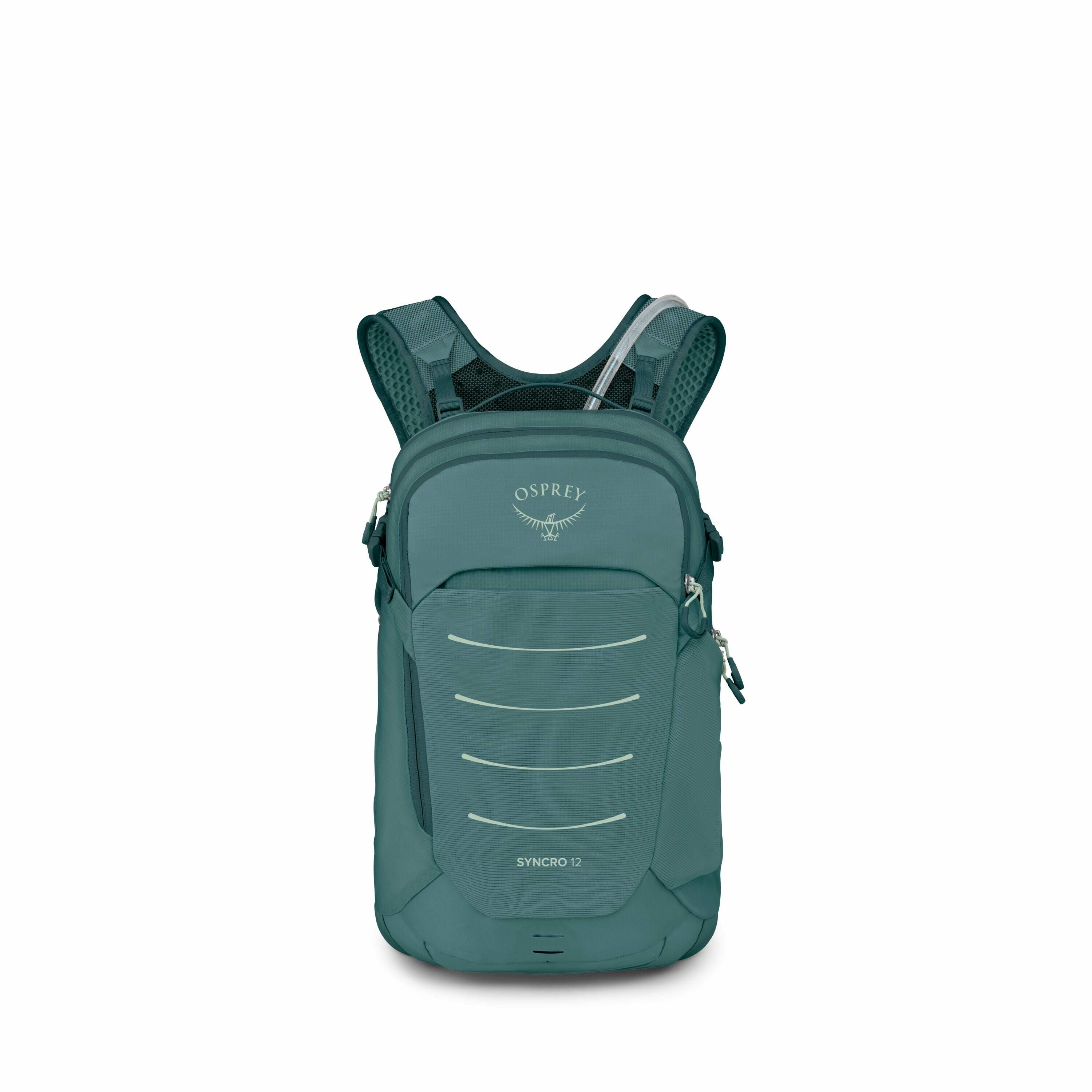 The image shows a teal-colored Osprey Syncro 12 backpack. It is designed with several horizontal reflective lines on the front for visibility and has the Osprey logo, featuring a stylized bird, prominently displayed above these lines. The backpack has adj