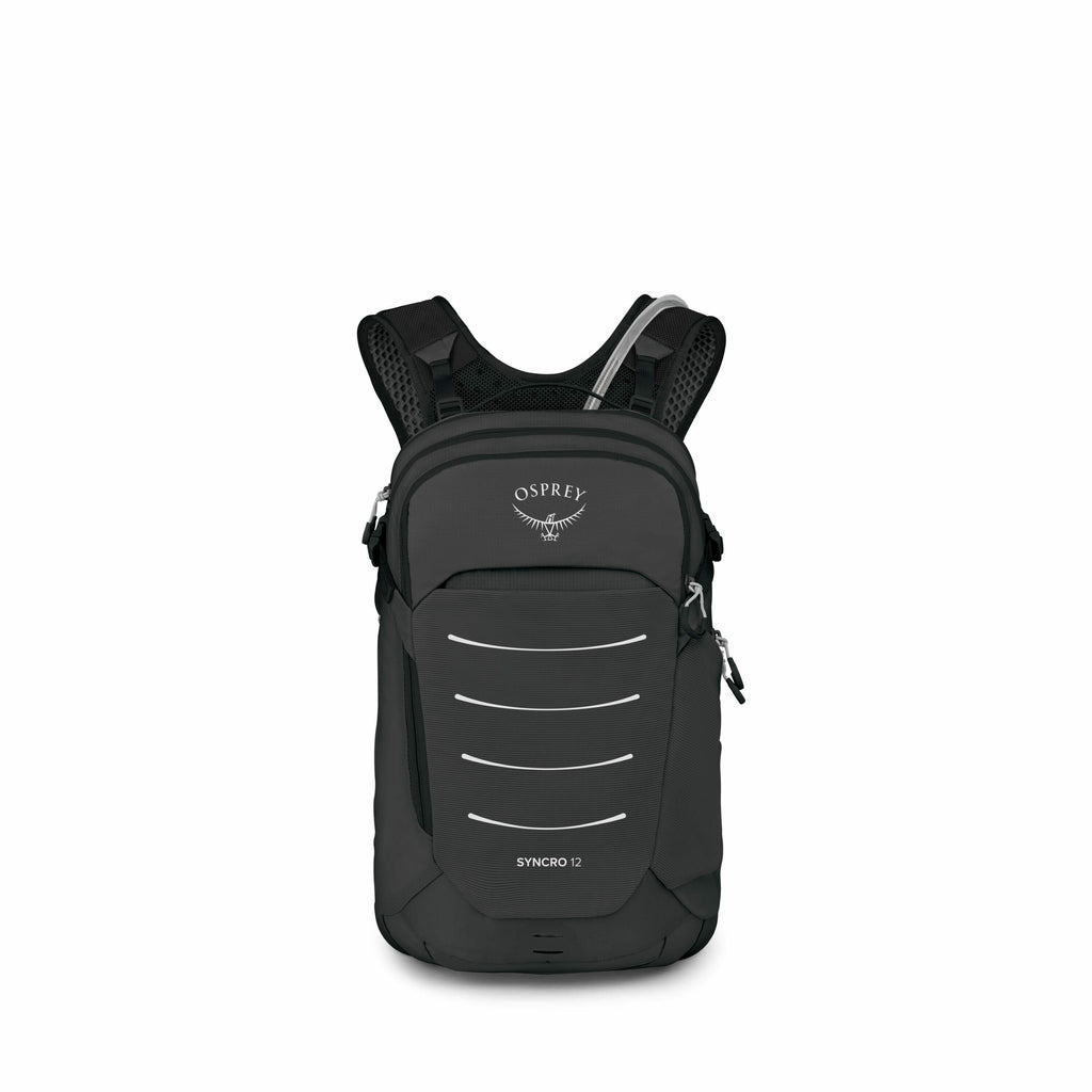 The image showcases a sleek and compact backpack by Osprey, specifically the Syncro 12 model. It is predominantly black with subtle gray accents, featuring a design aimed at outdoor enthusiasts and cyclists. The backpack has reflective elements and the Os