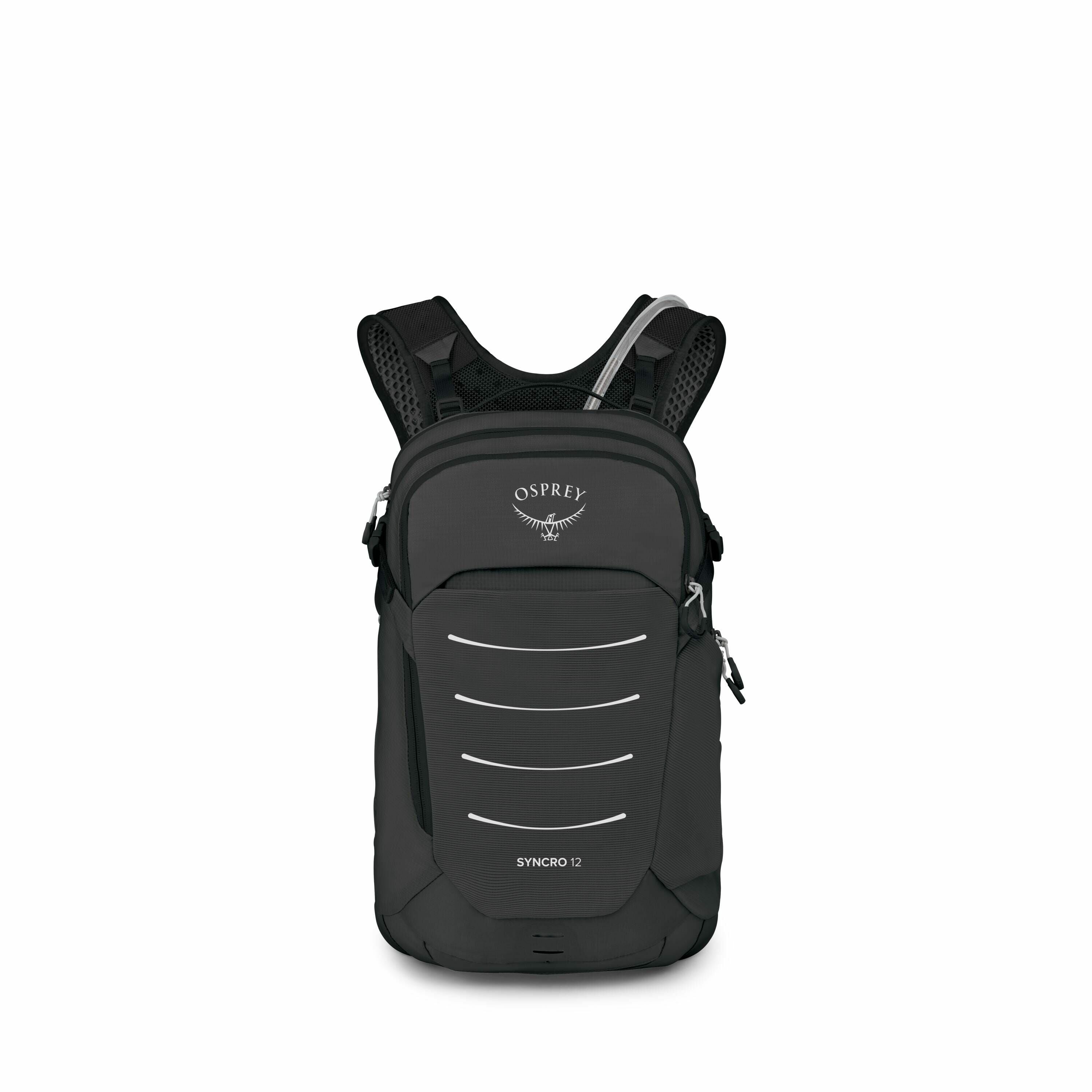 The image showcases a sleek and compact backpack by Osprey, specifically the Syncro 12 model. It is predominantly black with subtle gray accents, featuring a design aimed at outdoor enthusiasts and cyclists. The backpack has reflective elements and the Os