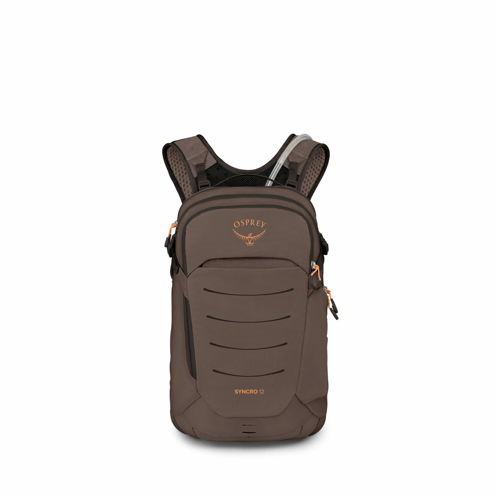 The image displays a brown Osprey backpack labeled "Syncro 12," designed for outdoor activities, specifically for hiking or cycling. The backpack features multiple compartments with horizontal seams and an orange Osprey logo emblazoned near the top center
