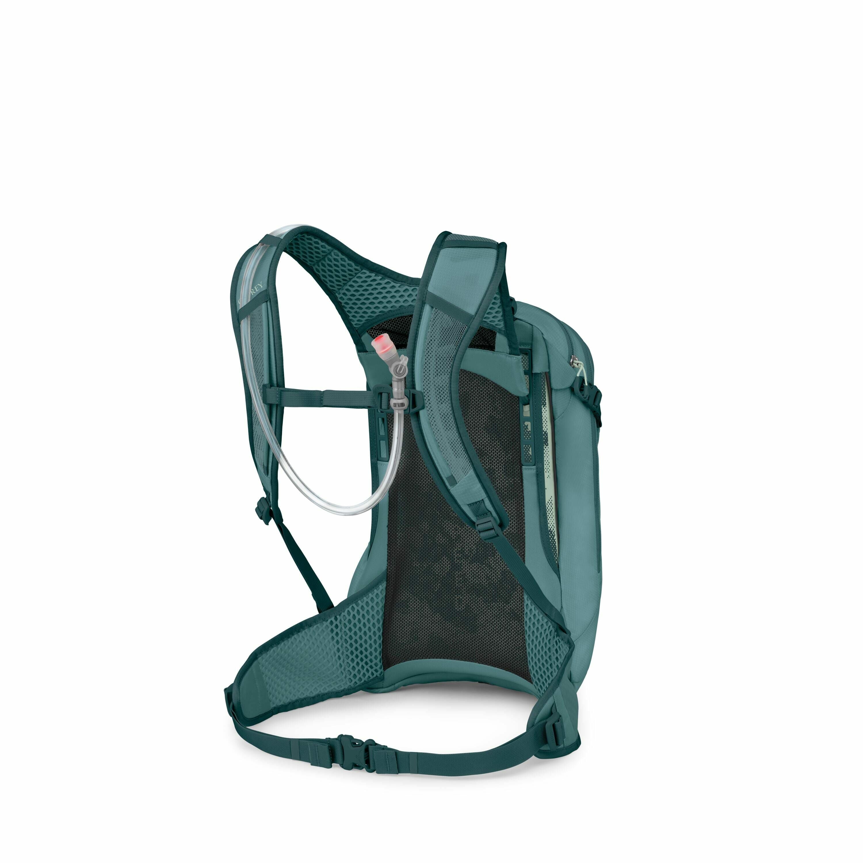 The image features a teal green backpack viewed from the back, designed for outdoor activities like hiking or cycling. The backpack is equipped with padded straps and a waist belt for added comfort and support. A noticeable feature is the hydration system