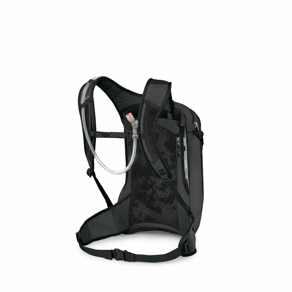 The image showcases a black hydration backpack designed for outdoor activities, featuring a breathable mesh back panel and adjustable shoulder straps for comfort. A hydration tube with a pink-tipped nozzle is visible, suggesting the inclusion of a built-i