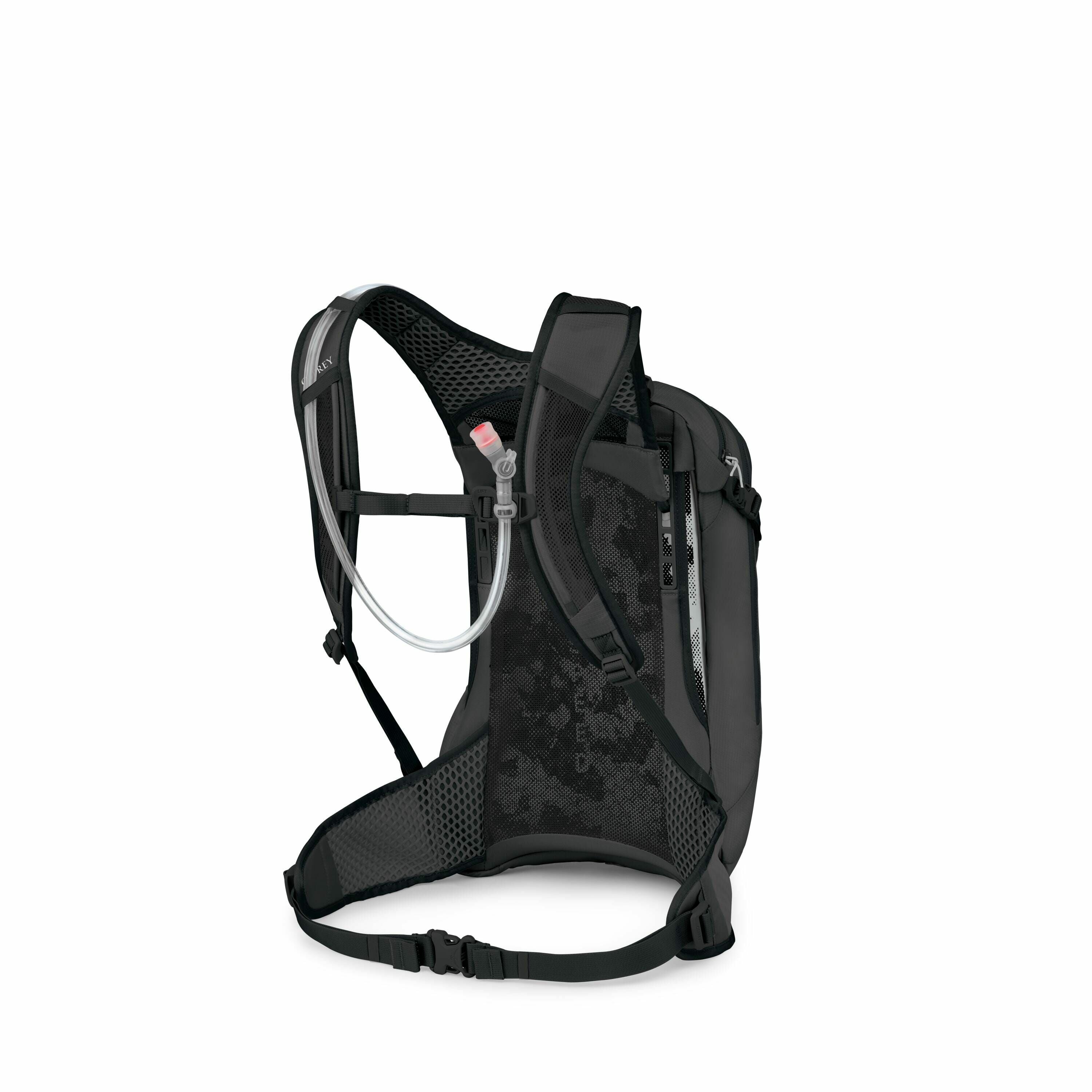 The image showcases a black hydration backpack designed for outdoor activities, featuring a breathable mesh back panel and adjustable shoulder straps for comfort. A hydration tube with a pink-tipped nozzle is visible, suggesting the inclusion of a built-i