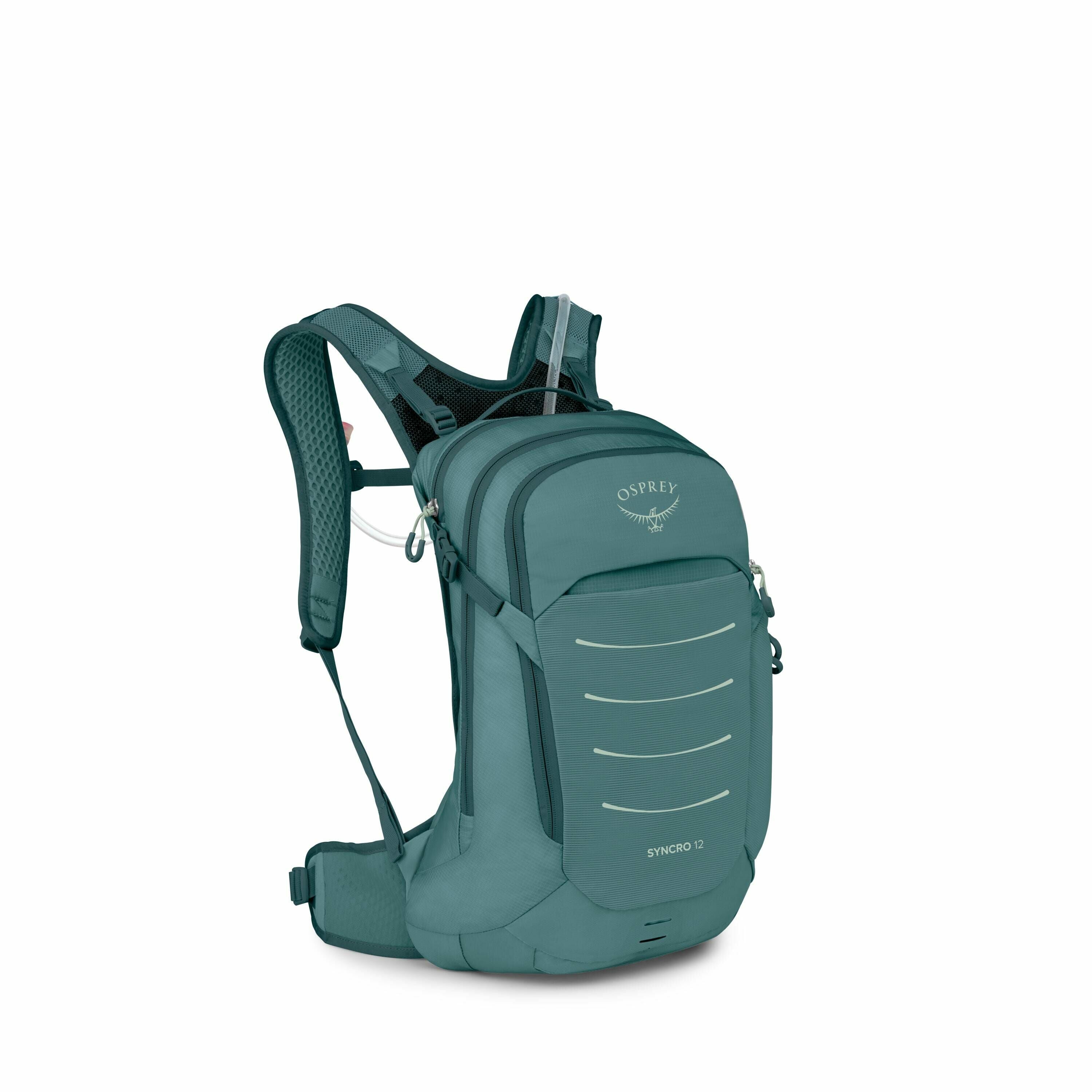 The image showcases a teal-colored backpack from the brand Osprey, specifically the Syncro 12 model. The backpack features a sleek and compact design, with several compartments and a hydration hose that is visible on the shoulder strap. The bag is adorned