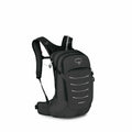 The image displays a black Osprey Synchro 12 backpack, designed for outdoor or cycling use. The backpack has a sleek design with reflective elements and contouring for ergonomic support. It features multiple compartments and adjustable shoulder straps wit