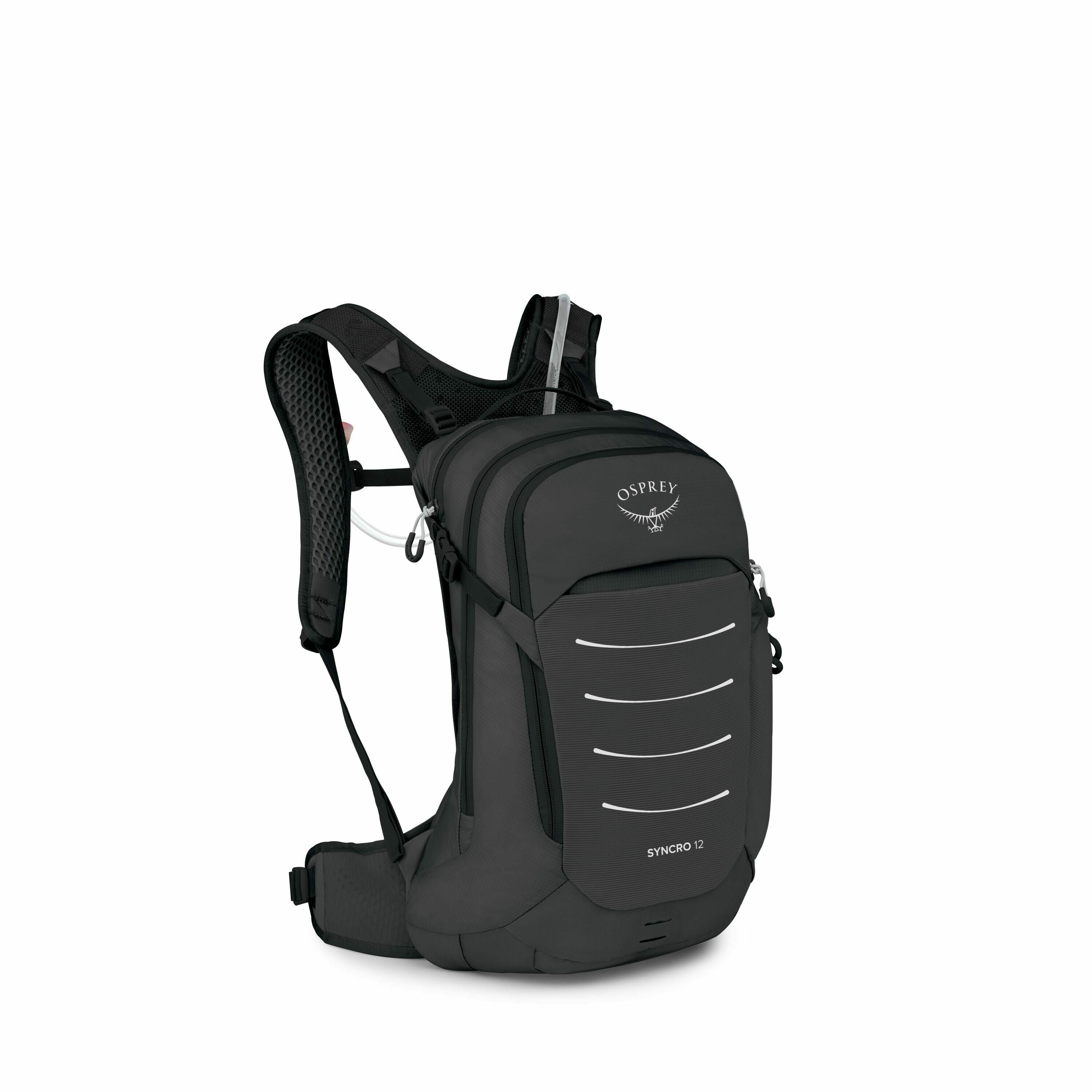The image displays a black Osprey Synchro 12 backpack, designed for outdoor or cycling use. The backpack has a sleek design with reflective elements and contouring for ergonomic support. It features multiple compartments and adjustable shoulder straps wit