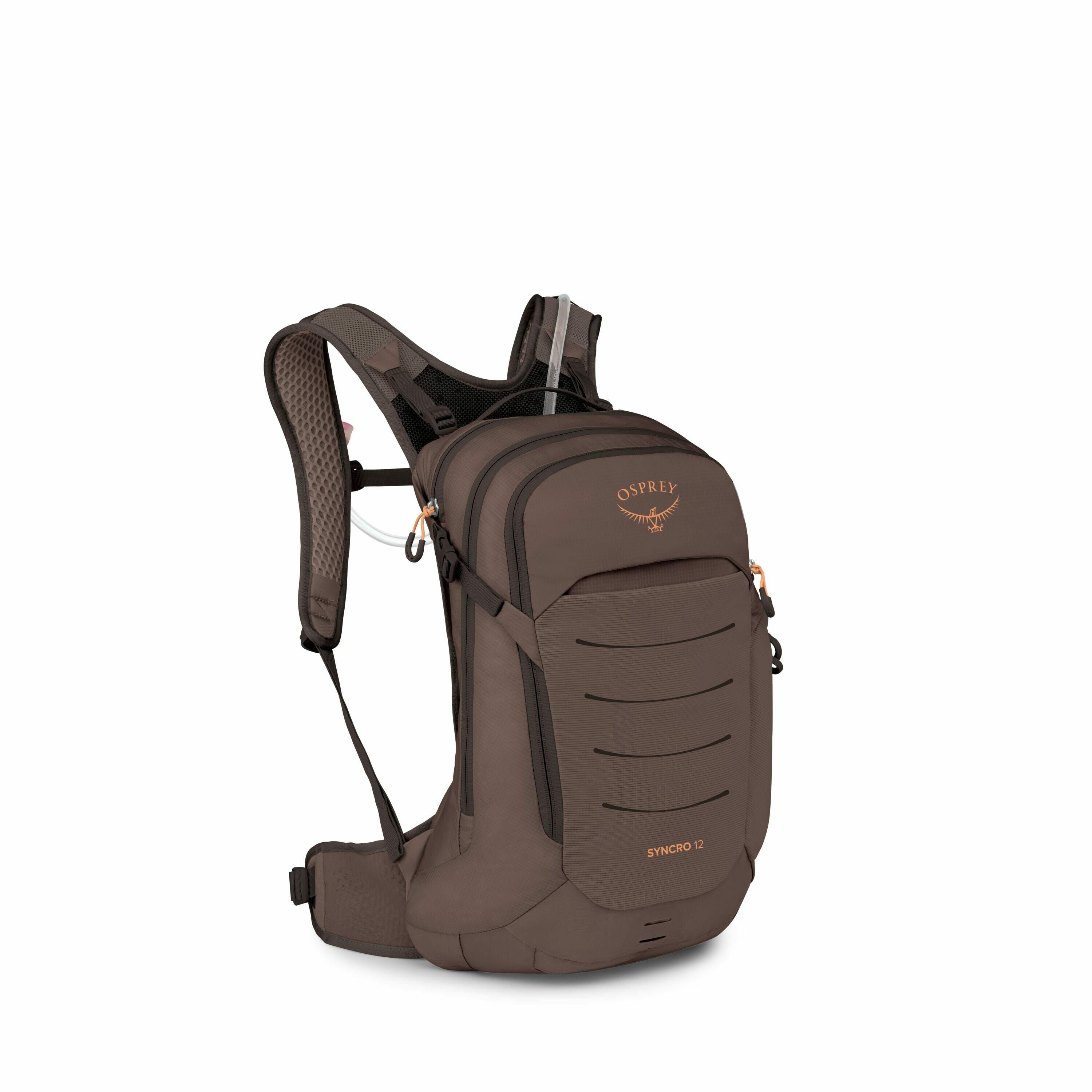 The image shows a brown Osprey backpack, specifically the Syncro 12 model. The backpack features several compartments and pockets, and is designed for functionality with padded shoulder straps and a waist belt for comfort. It includes a hydration reservoi