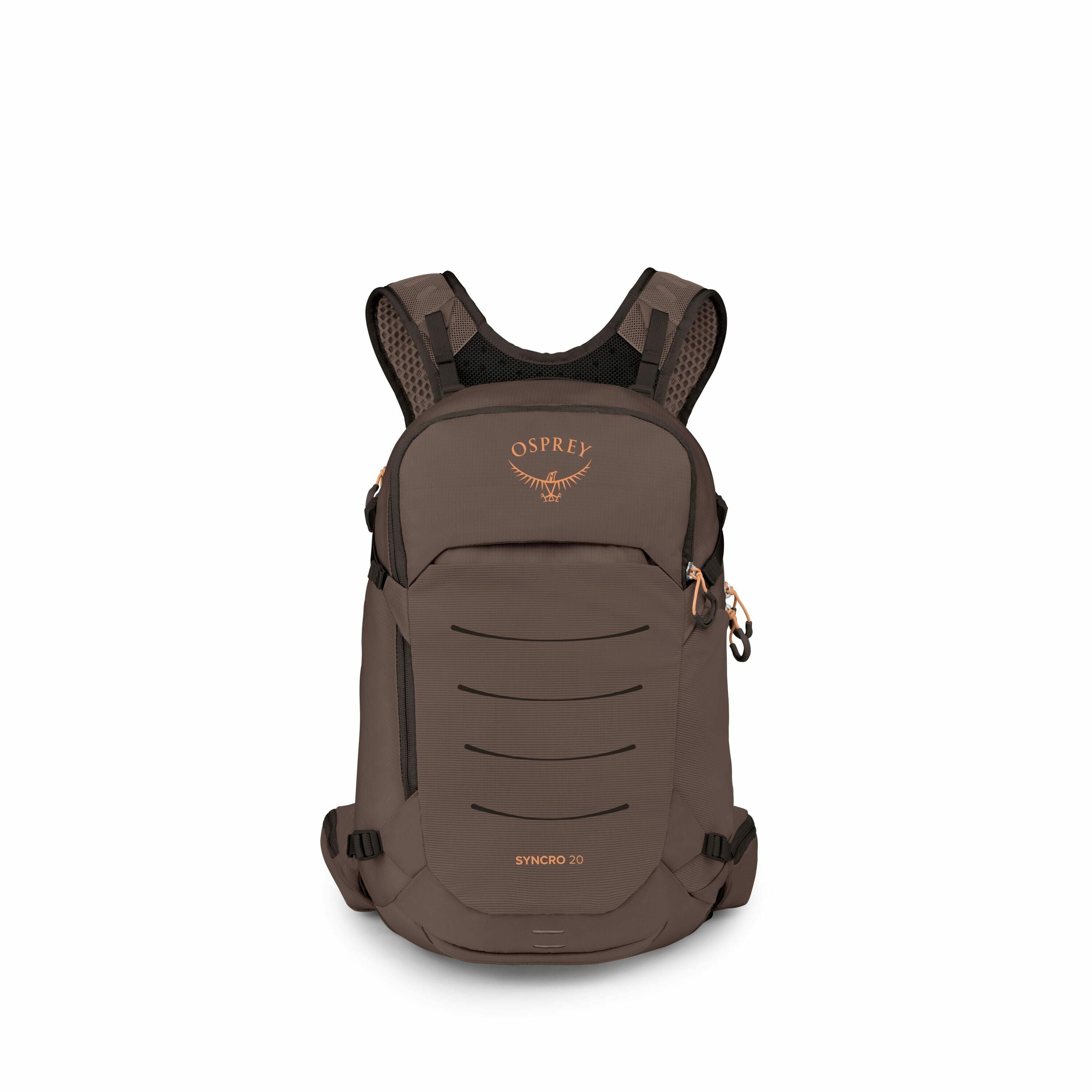 The image showcases a backpack designed by Osprey, known as the Syncro 20 model. The backpack has a sleek design in a dark taupe color, featuring the Osprey logo prominently displayed on the upper front section in orange. It includes multiple compartments