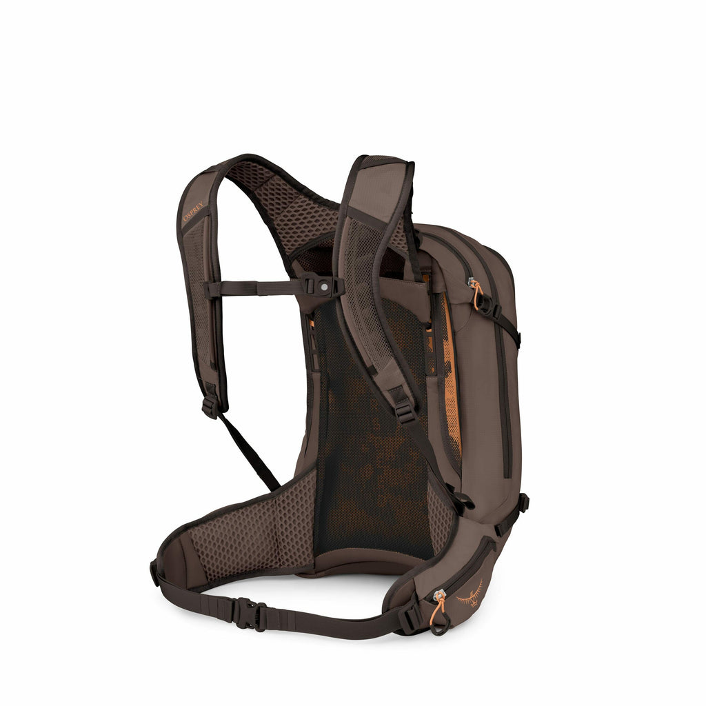 The image displays a brown backpack with a focus on its back view, showcasing the straps and ventilation mesh. The backpack features adjustable shoulder straps, a sternum strap with a buckle, and a hip belt for enhanced comfort and support. The Osprey log