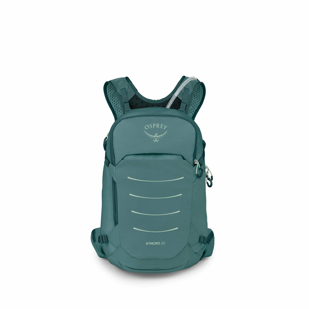 The image shows an Osprey Syncro 20 backpack in a shade of teal. The backpack has a sleek and compact design with multiple compartments and adjustable straps for comfort. Prominent on the front is the Osprey logo, depicting an outline of an osprey bird wi