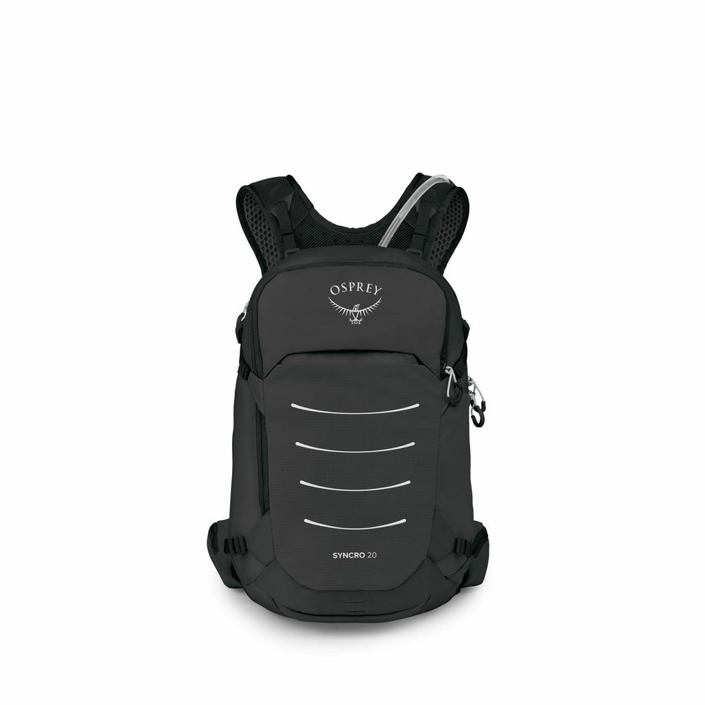 The image showcases an Osprey Syncro 20 backpack in a sleek, black color. The backpack features a compact design with a main compartment, as well as additional pockets for organization. The front of the backpack displays the Osprey logo with a stylized bi