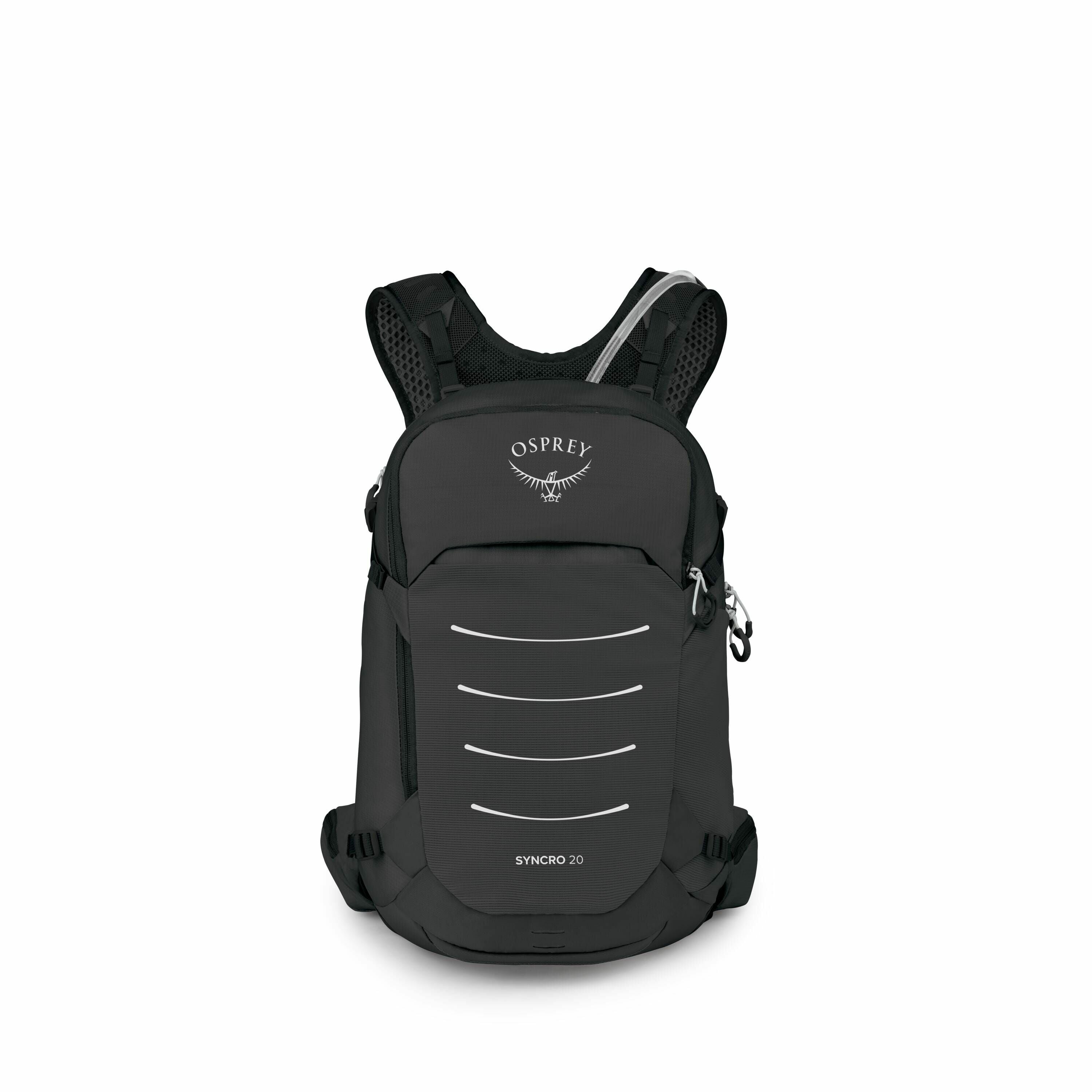 The image showcases an Osprey Syncro 20 backpack in a sleek, black color. The backpack features a compact design with a main compartment, as well as additional pockets for organization. The front of the backpack displays the Osprey logo with a stylized bi