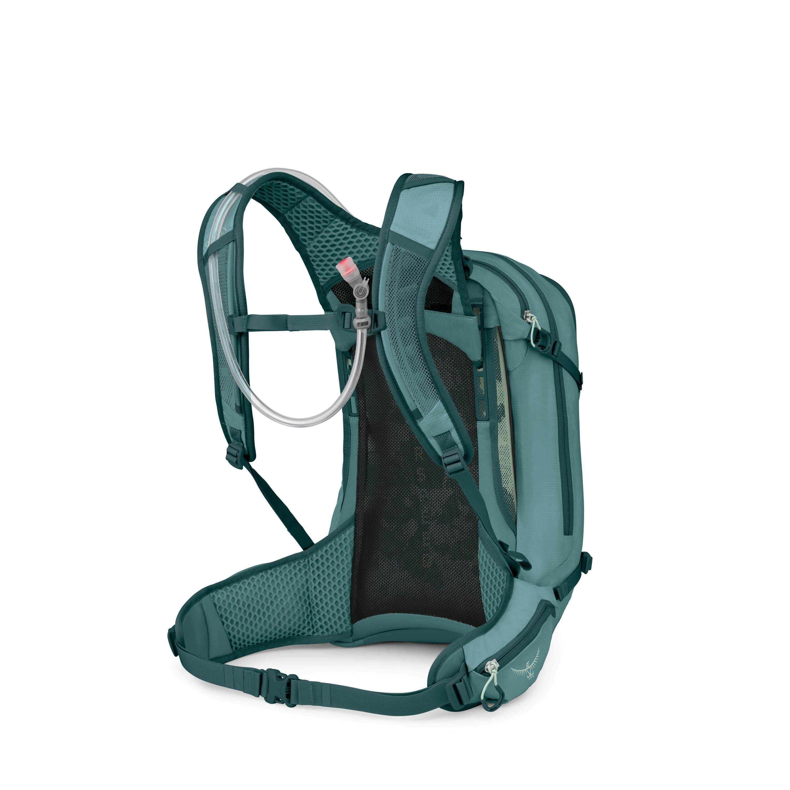 The image showcases a teal-colored hiking or biking backpack designed with a hydration system. The backpack is shown from a side view, highlighting its ergonomic shoulder straps and a chest strap with a buckle. It features a mesh back panel for ventilatio