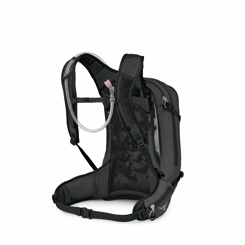 The image showcases a black backpack with a sleek and streamlined design, likely intended for outdoor activities such as hiking or biking. The backpack features a hydration system, evident from the visible drinking tube with a mouthpiece attached, which i