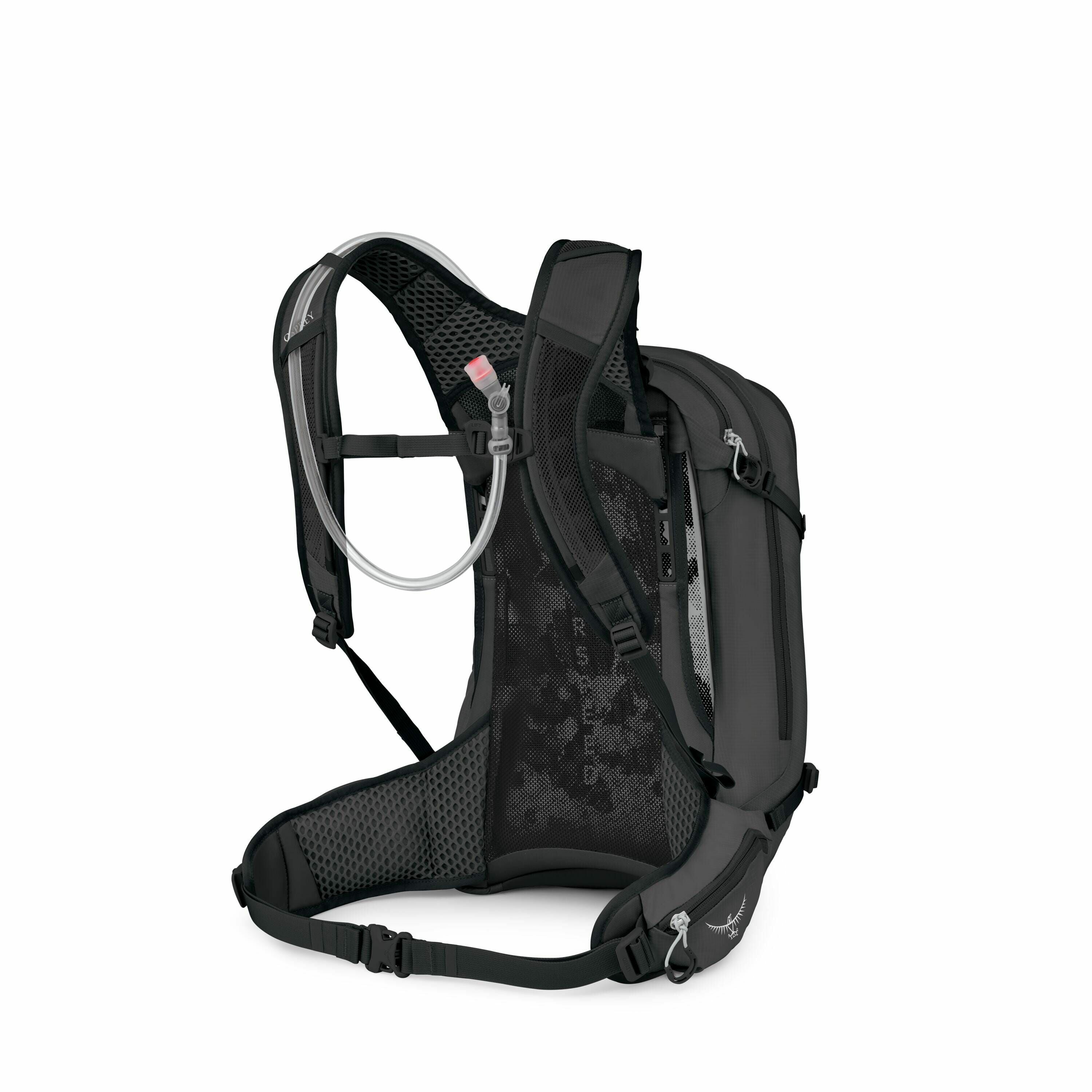 The image showcases a black backpack with a sleek and streamlined design, likely intended for outdoor activities such as hiking or biking. The backpack features a hydration system, evident from the visible drinking tube with a mouthpiece attached, which i