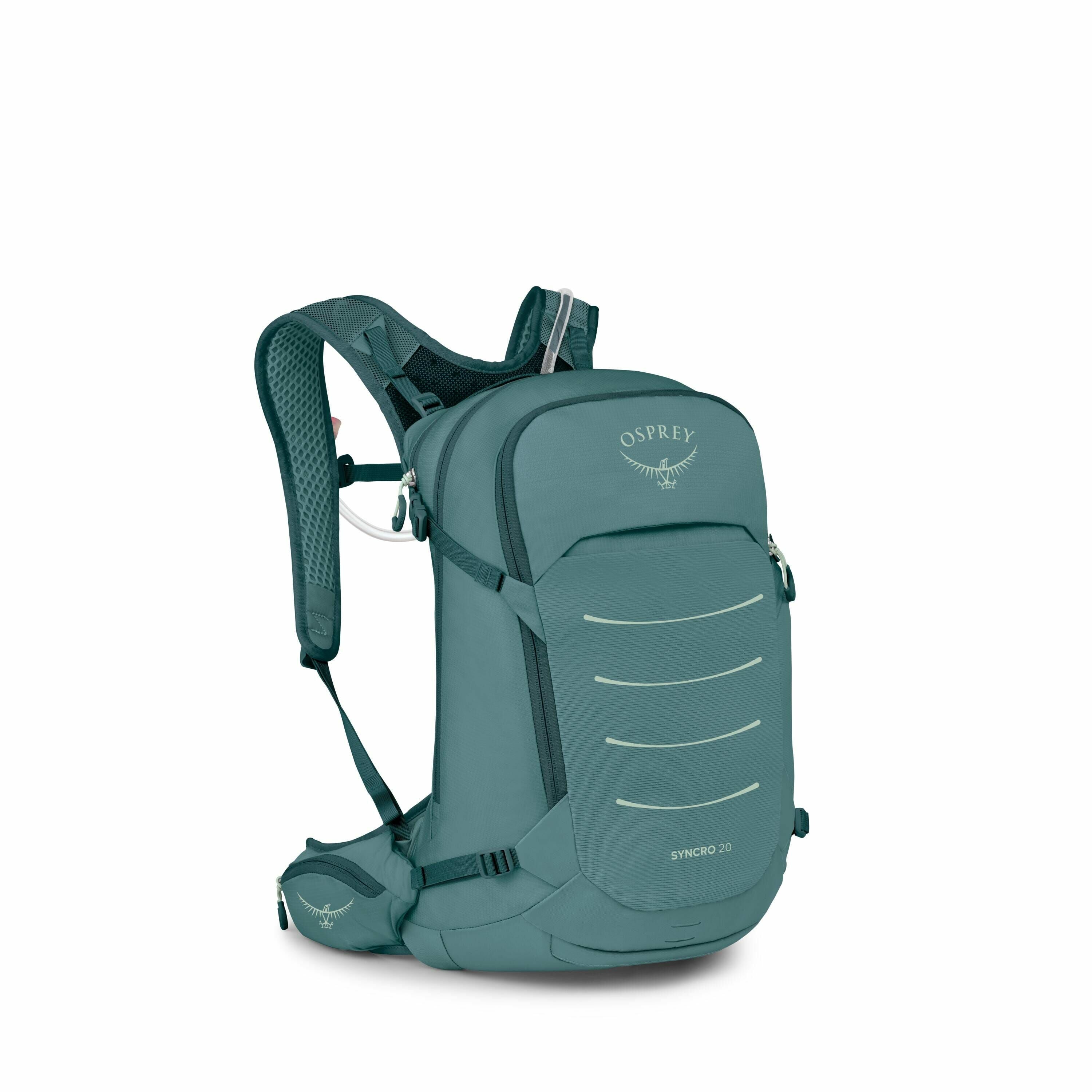 The image features an Osprey Syncro 20 backpack in a teal color. The backpack is designed for outdoor activities, featuring a sleek and compact design with ergonomic shoulder straps and a padded back panel for comfort. The front of the backpack is adorned