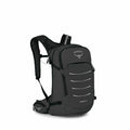 The image features a black Osprey Syncro 20 backpack. The backpack has a sleek and compact design with a main compartment and a front panel that has several horizontal reflective lines for visibility. It also has a prominent Osprey logo at the top, which