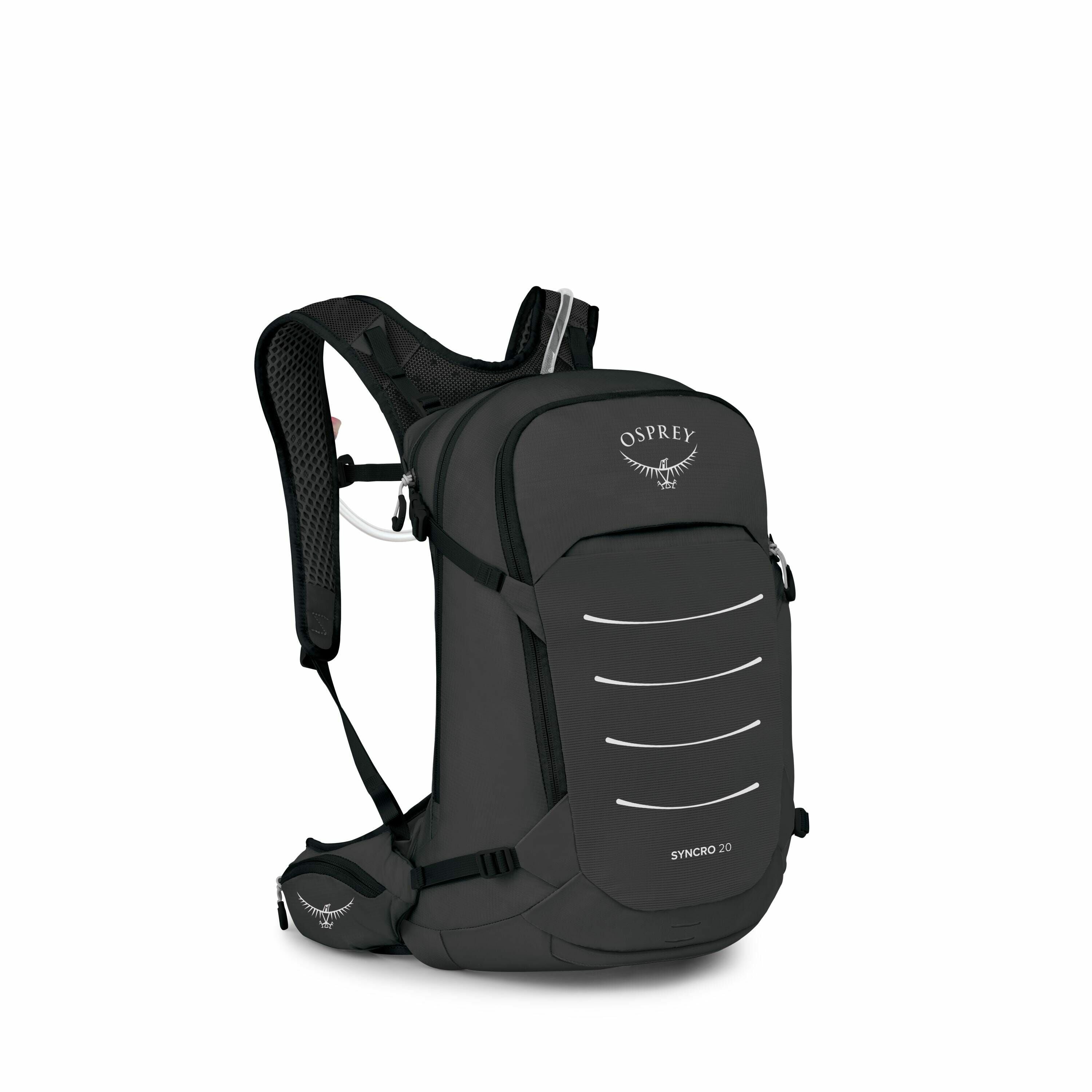 The image features a black Osprey Syncro 20 backpack. The backpack has a sleek and compact design with a main compartment and a front panel that has several horizontal reflective lines for visibility. It also has a prominent Osprey logo at the top, which