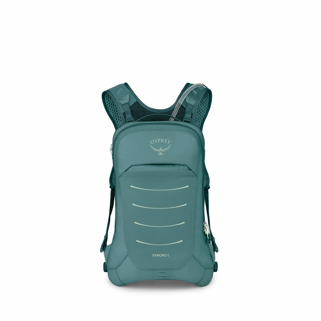 The image displays a teal-colored Osprey Syncro 5 backpack. This compact backpack is designed with a sleek, aerodynamic shape, featuring a minimalist aesthetic with a few horizontal, light-colored stripes on the front. The Osprey logo is prominently displ