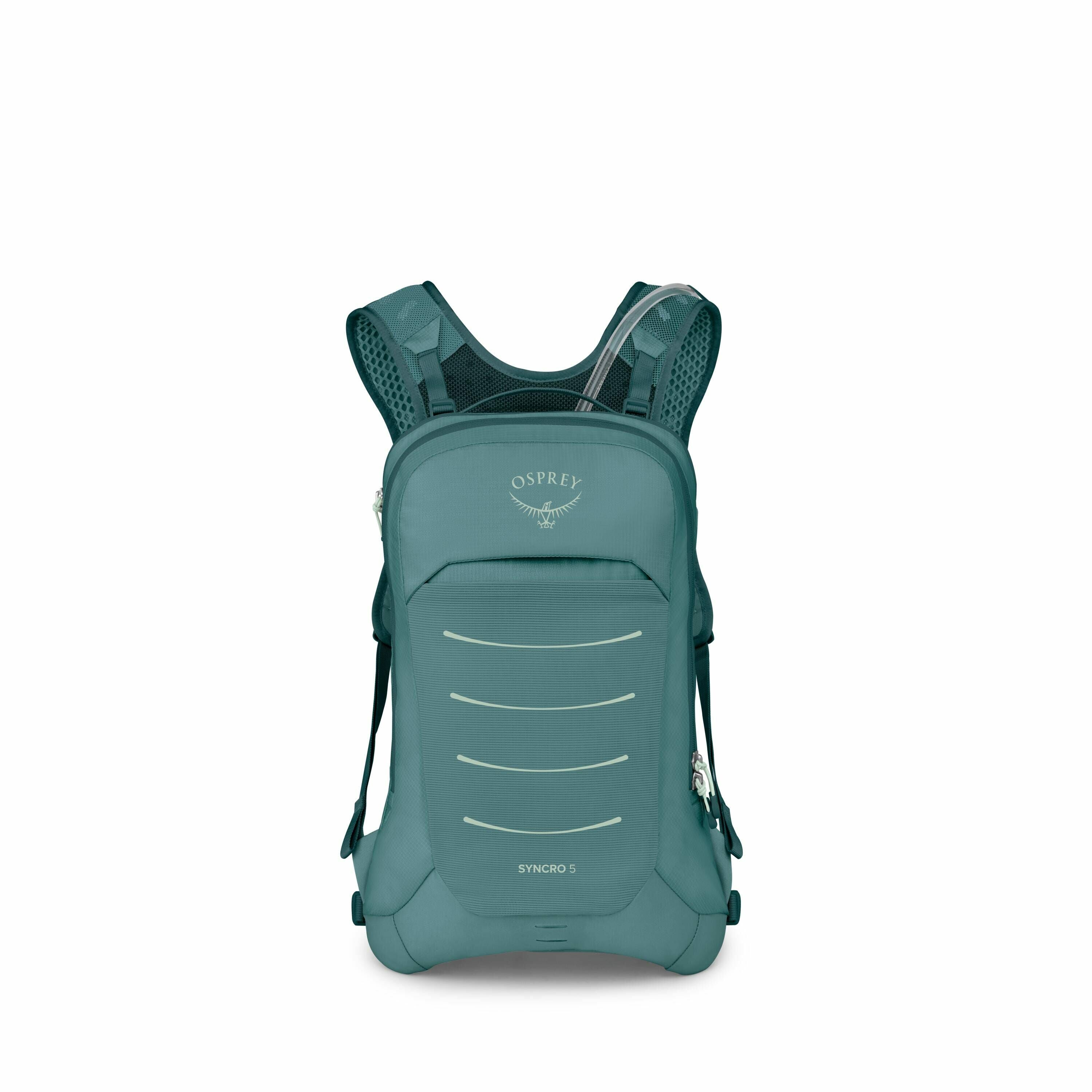 The image displays a teal-colored Osprey Syncro 5 backpack. This compact backpack is designed with a sleek, aerodynamic shape, featuring a minimalist aesthetic with a few horizontal, light-colored stripes on the front. The Osprey logo is prominently displ